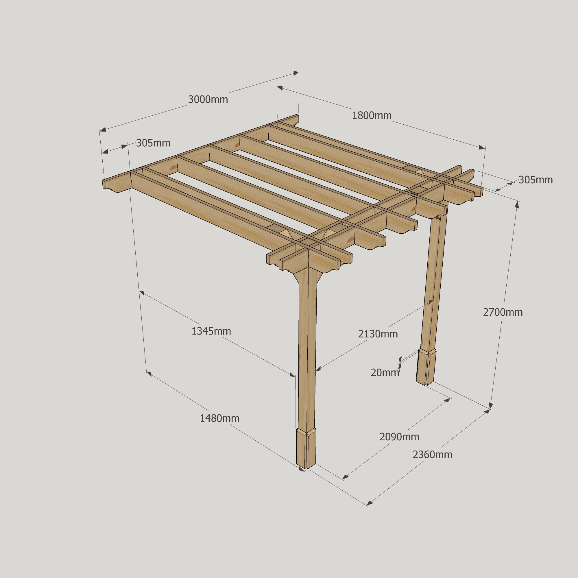 Wall Mounted Double Premium Pergola - Rustic Brown - 1.8m Depth x 3m Length