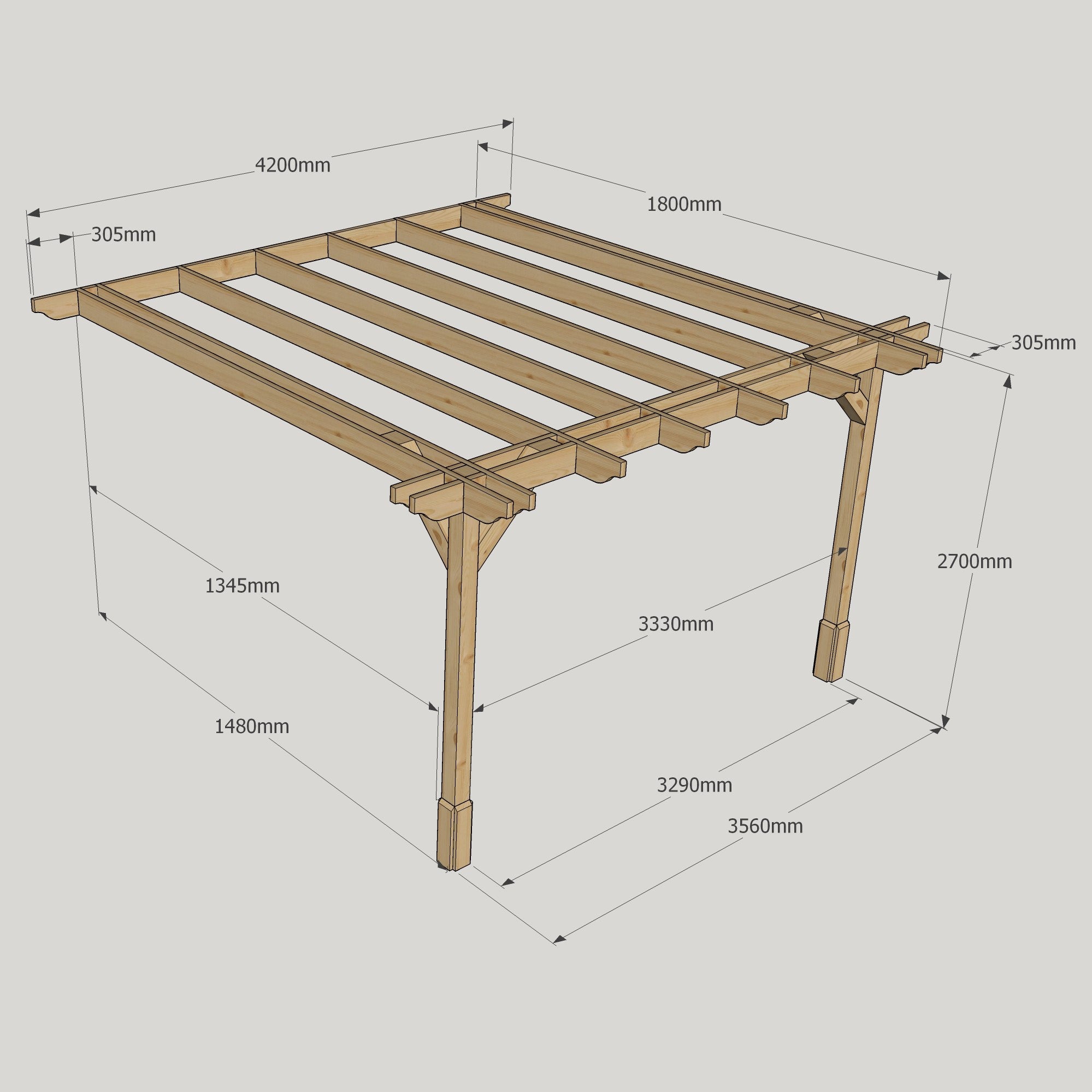Wall Mounted Double Premium Pergola - Rustic Brown - 1.8m Depth x 4.2m Length