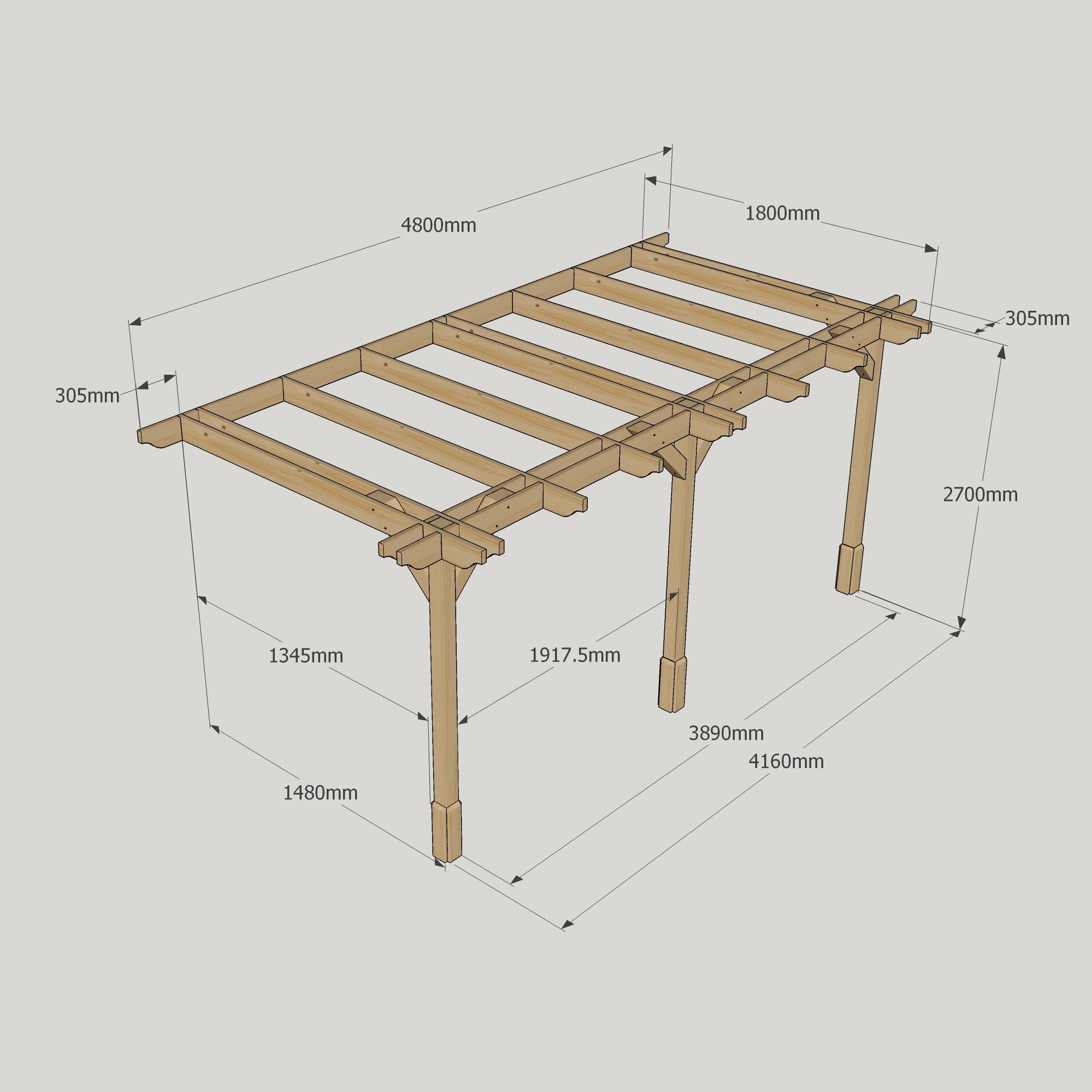 Wall Mounted Double Premium Pergola - Rustic Brown - 1.8m Depth x 4.8m Length