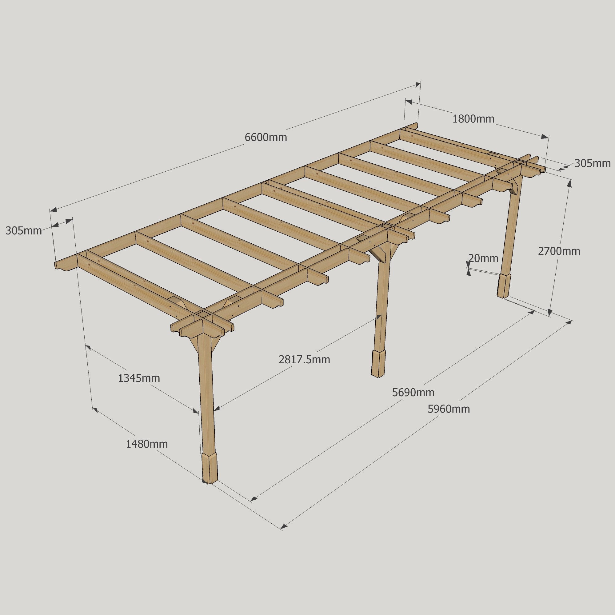 Wall Mounted Double Premium Pergola - Rustic Brown - 1.8m Depth x 6.6m Length