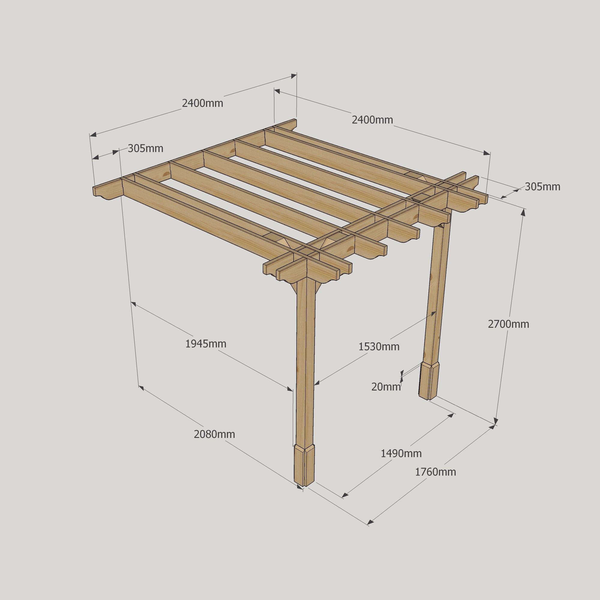 Wall Mounted Double Premium Pergola - Rustic Brown - 2.4m Depth x 2.4m Length