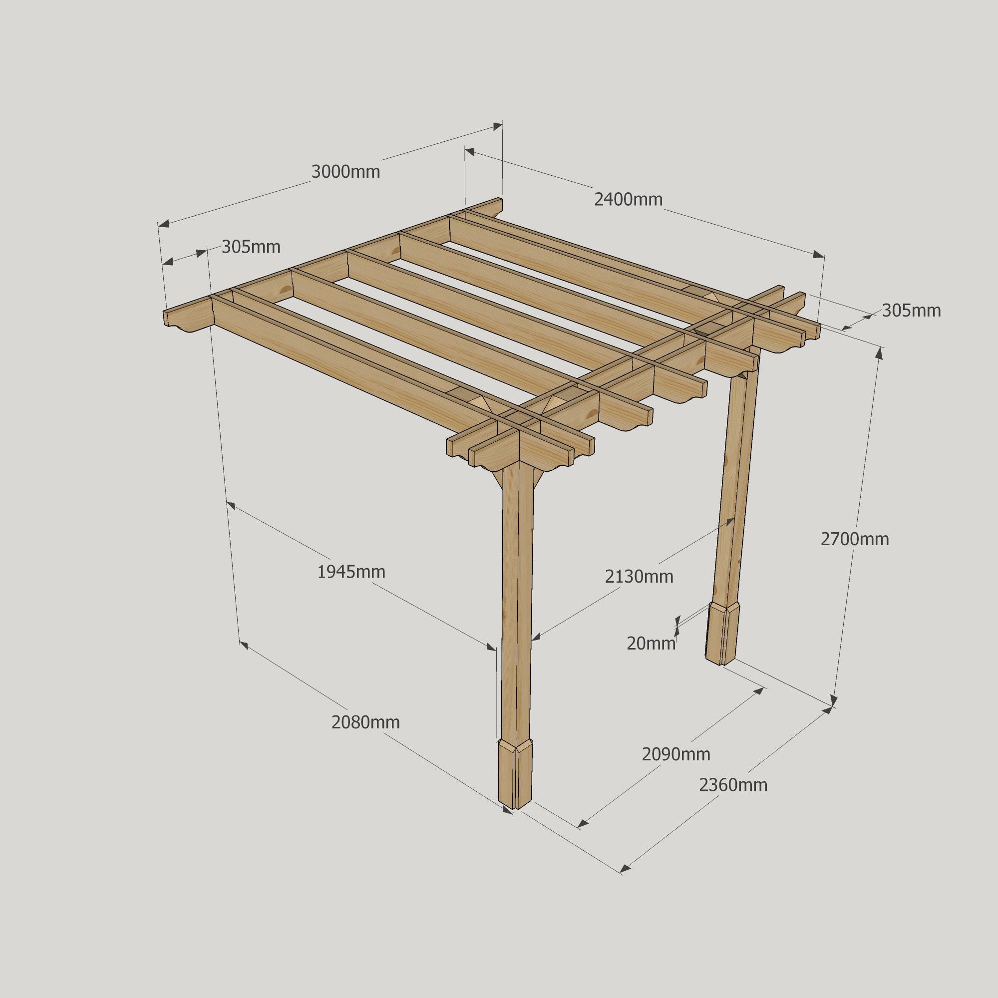 Wall Mounted Double Premium Pergola - Rustic Brown - 2.4m Depth x 3m Length