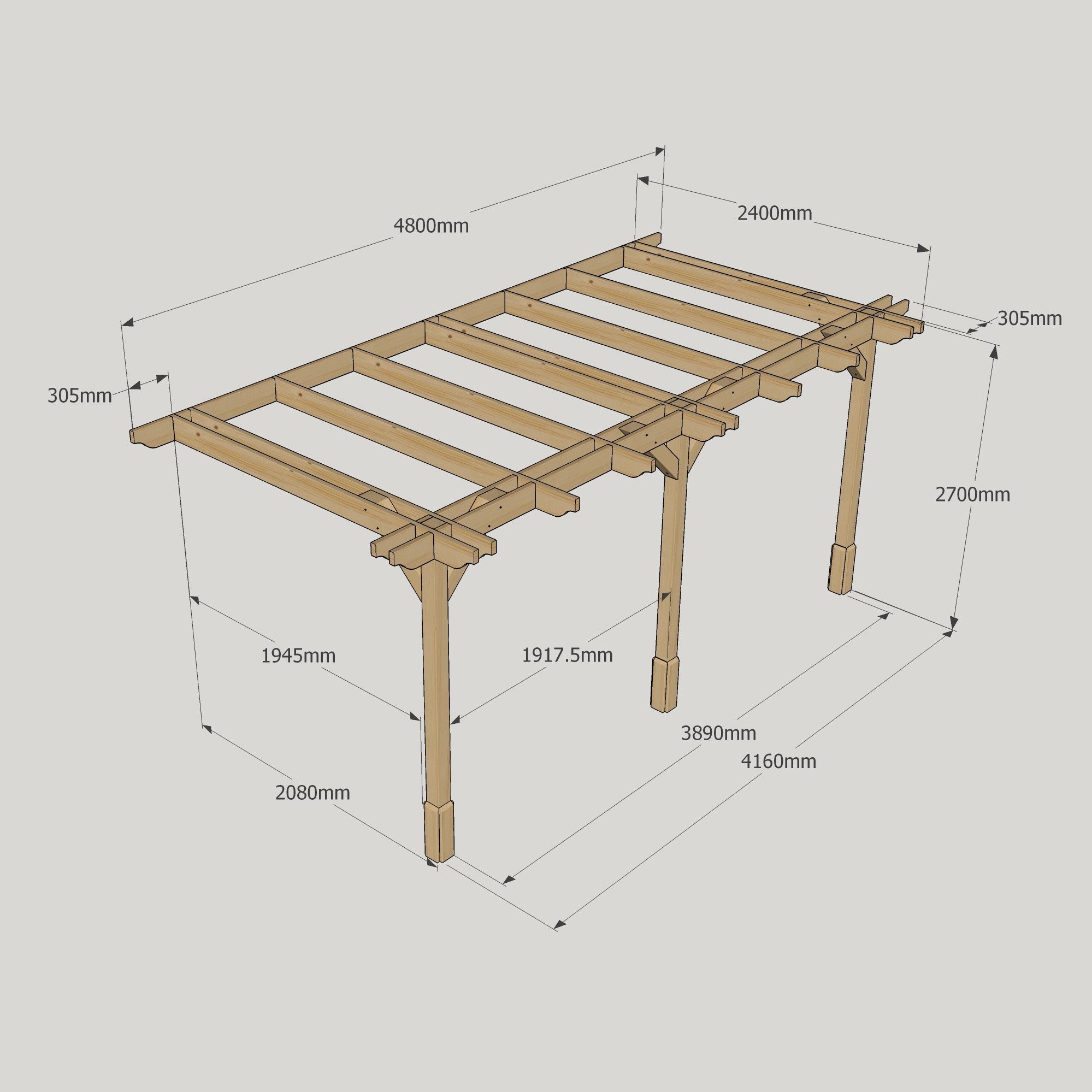 Wall Mounted Double Premium Pergola - Rustic Brown - 2.4m Depth x 4.8m Length
