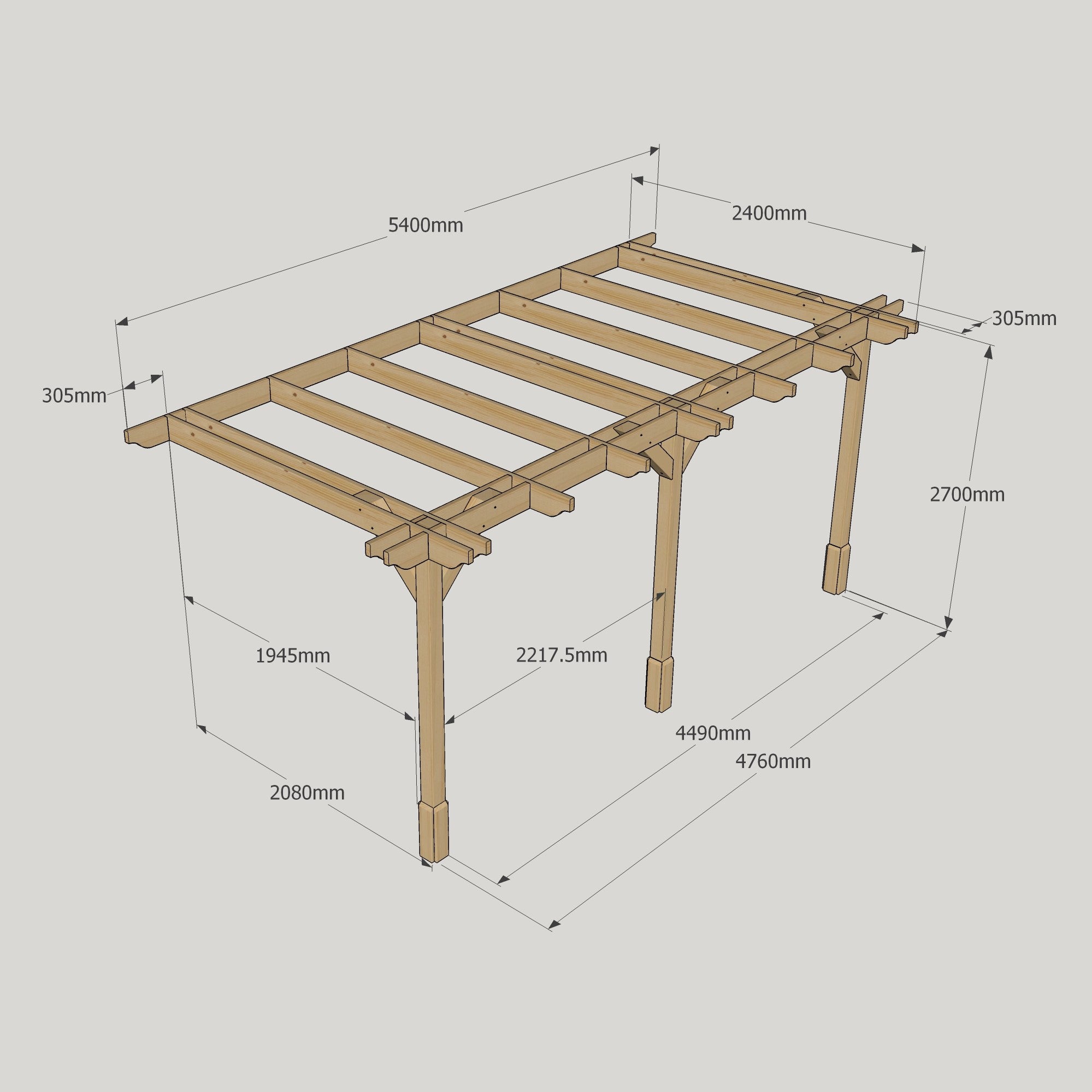 Wall Mounted Double Premium Pergola - Rustic Brown - 2.4m Depth x 5.4m Length