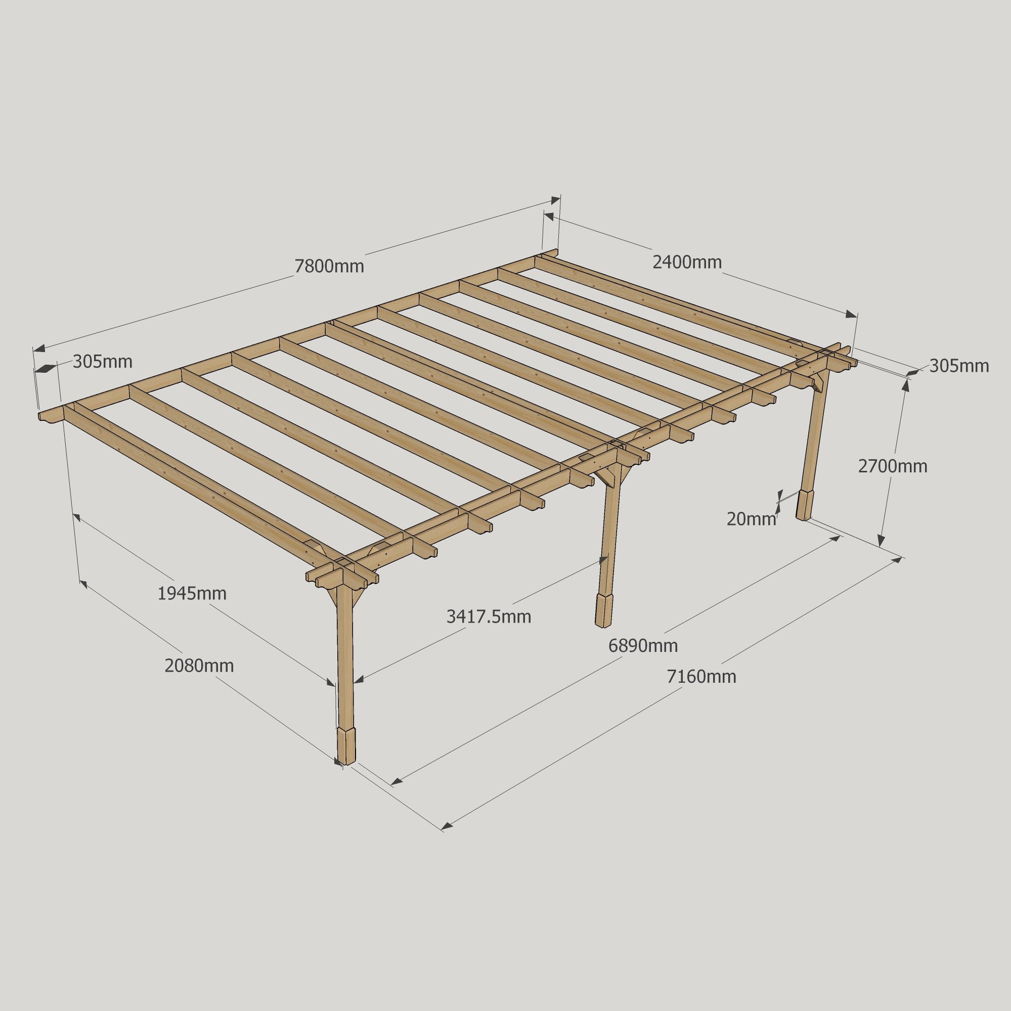 Wall Mounted Double Premium Pergola - Rustic Brown - 2.4m Depth x 7.8m Length