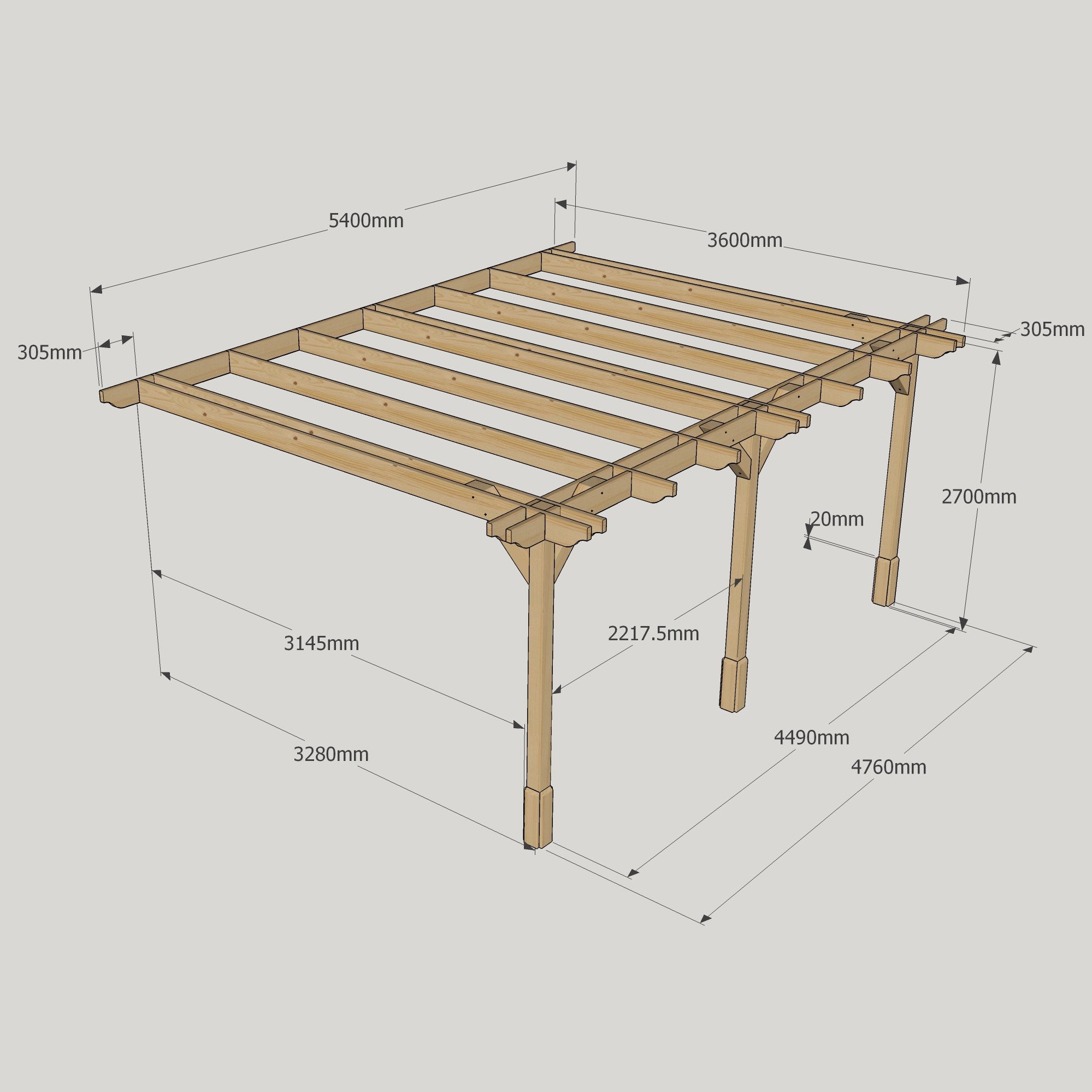 Wall Mounted Double Premium Pergola - Rustic Brown - 3.6m Depth x 5.4m Length