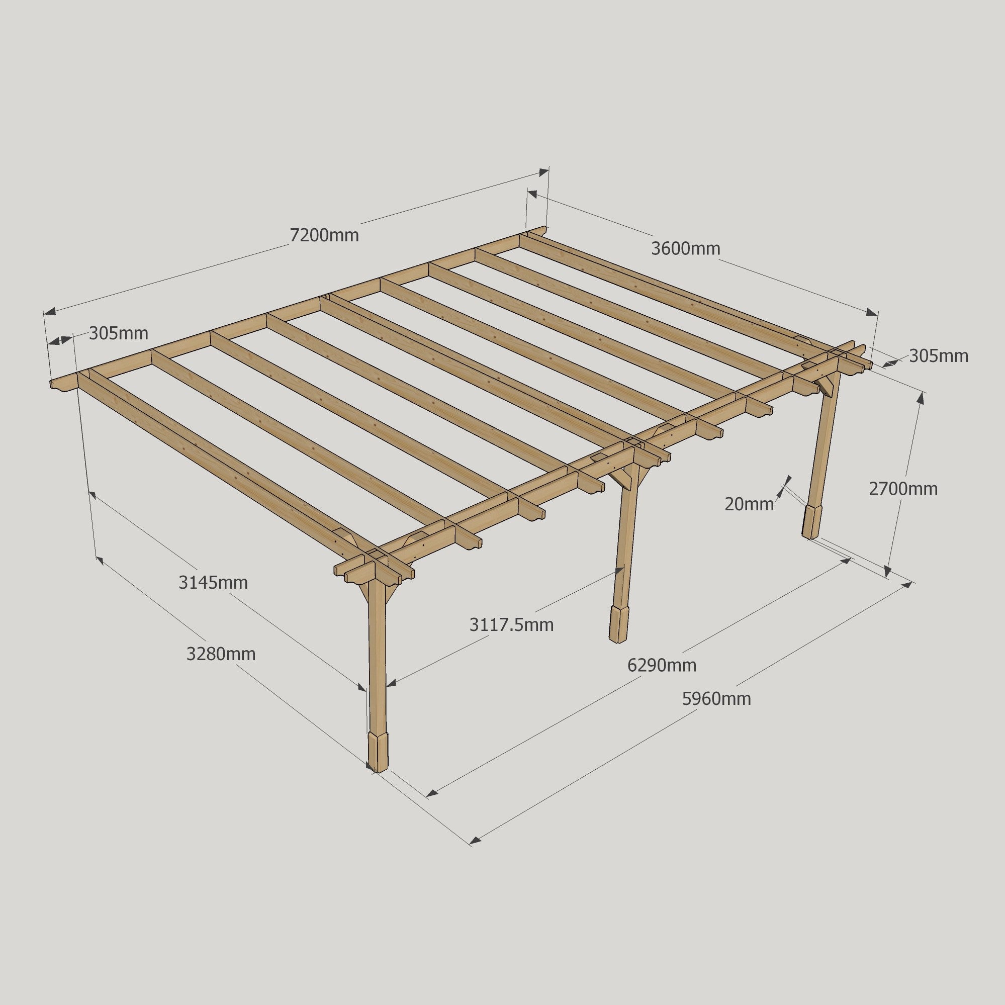 Wall Mounted Double Premium Pergola - Rustic Brown - 3.6m Depth x 7.2m Length