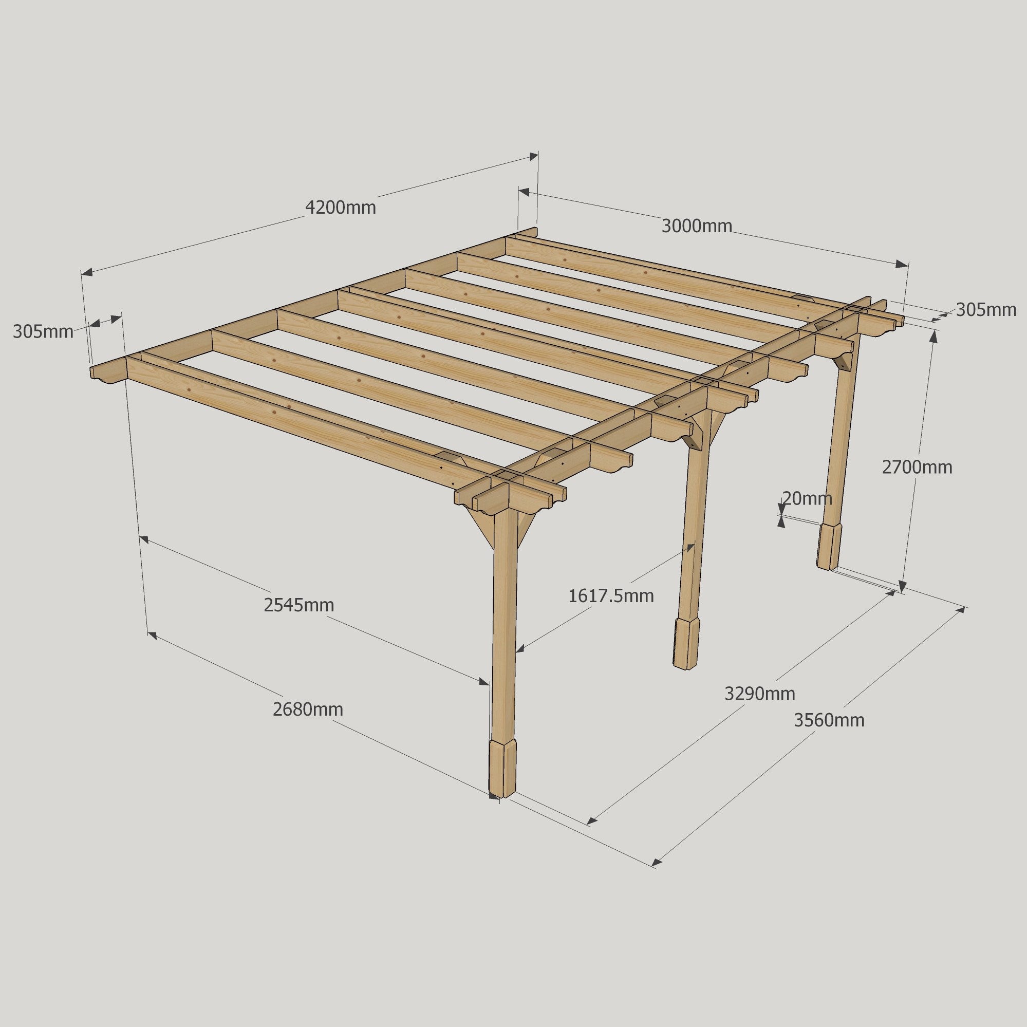 Wall Mounted Double Premium Pergola - Rustic Brown - 3m Depth x 4.2m Length