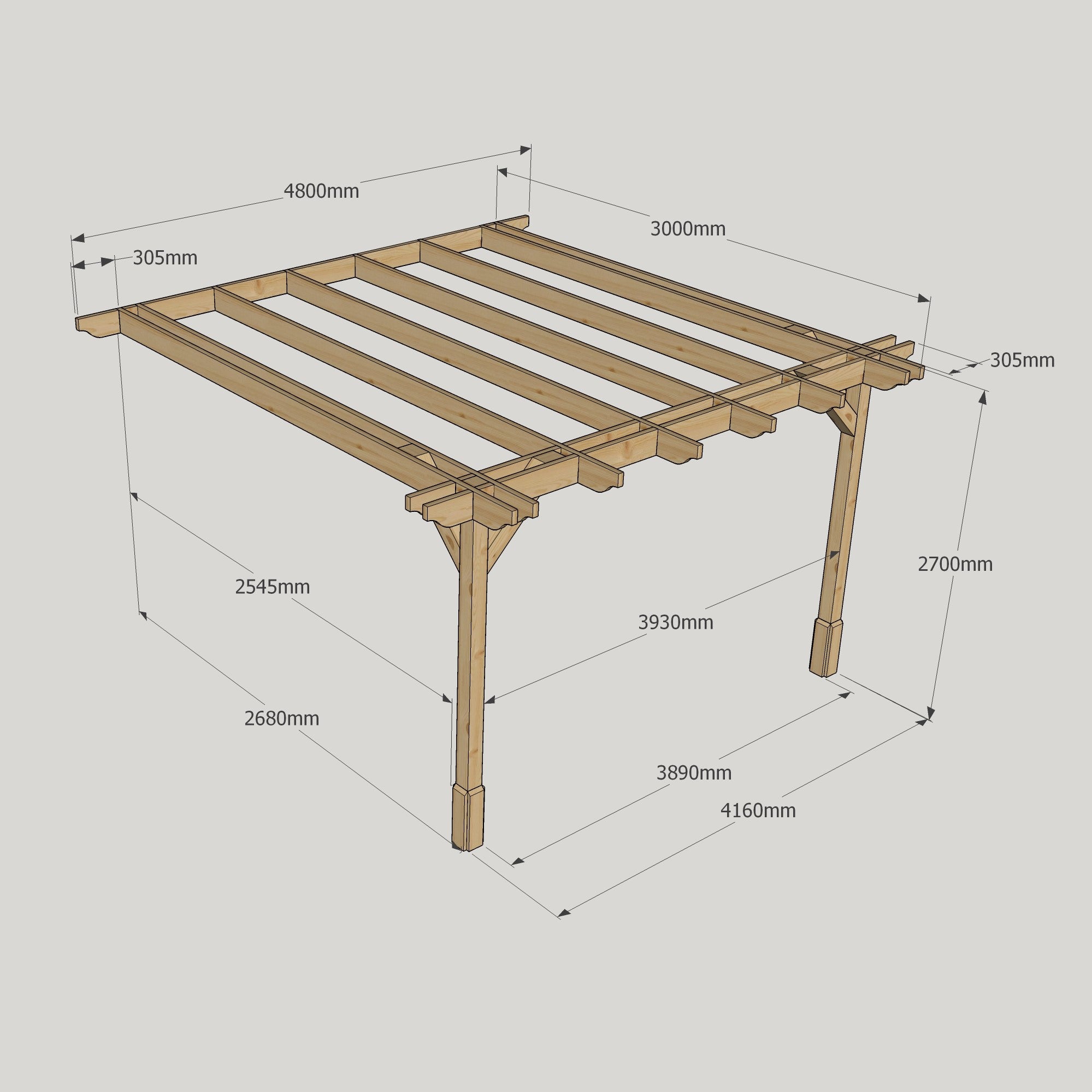 Wall Mounted Double Premium Pergola - Rustic Brown - 3m Depth x 4.8m Length