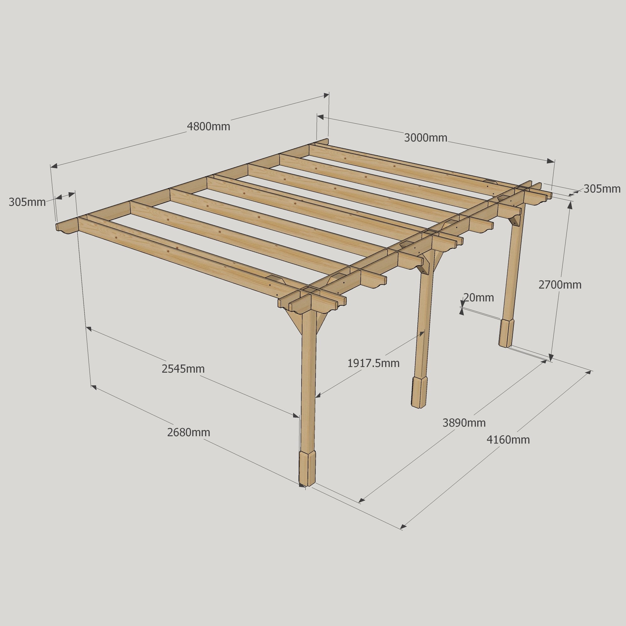 Wall Mounted Double Premium Pergola - Rustic Brown - 3m Depth x 4.8m Length