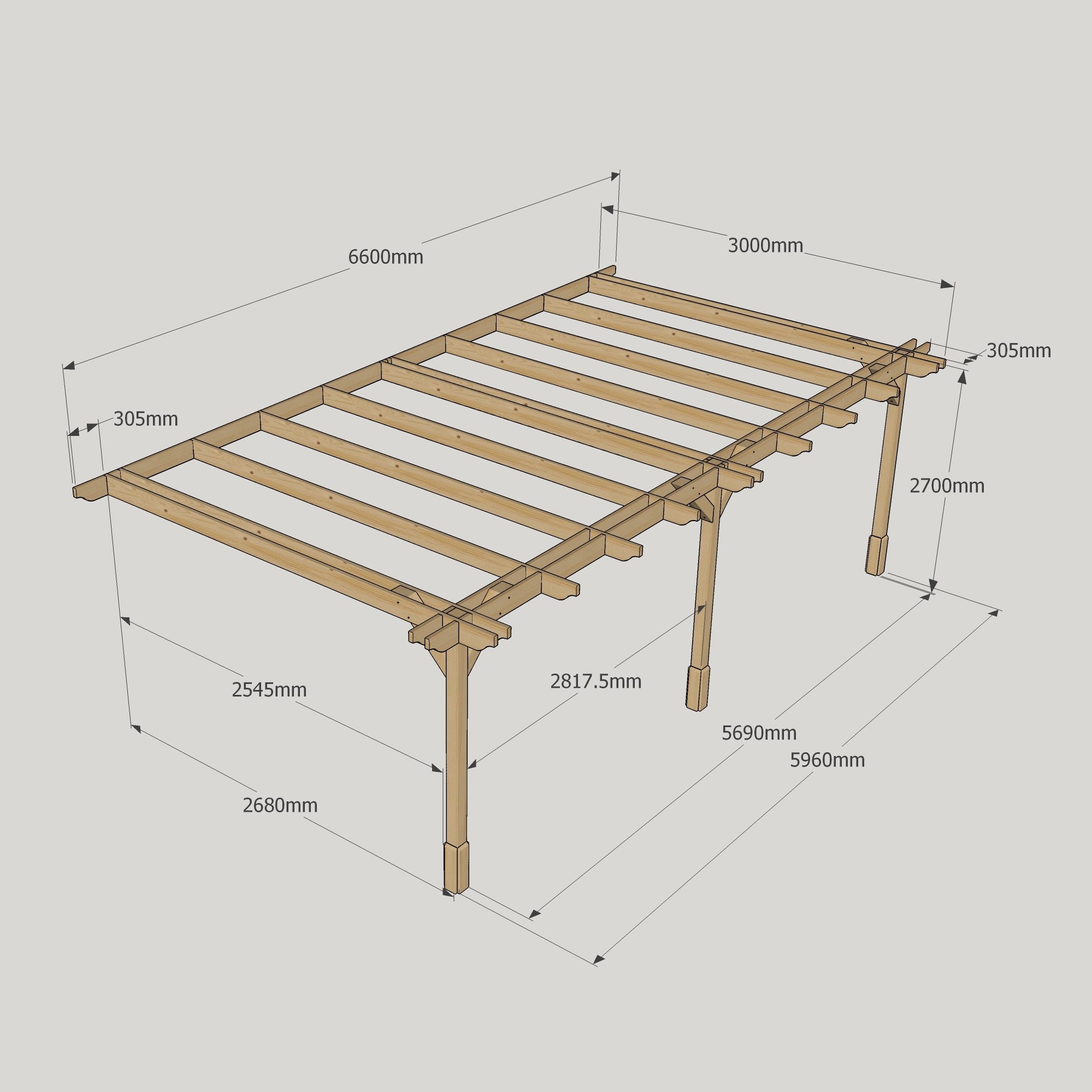 Wall Mounted Double Premium Pergola - Rustic Brown - 3m Depth x 6.6m Length