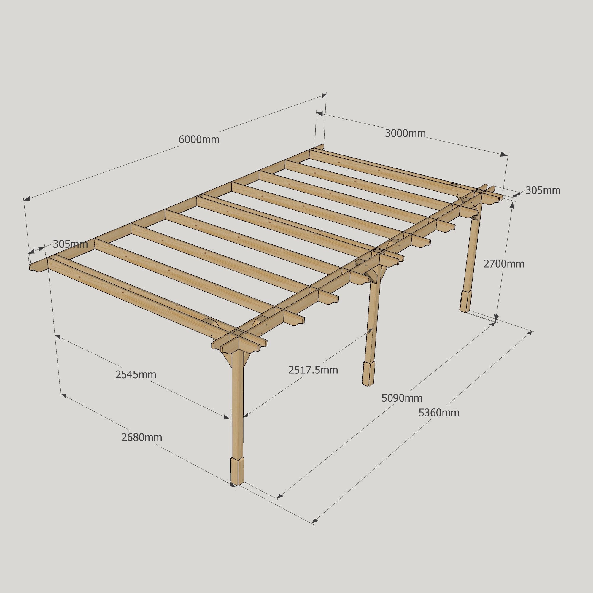 Wall Mounted Double Premium Pergola - Rustic Brown - 3m Depth x 6m Length