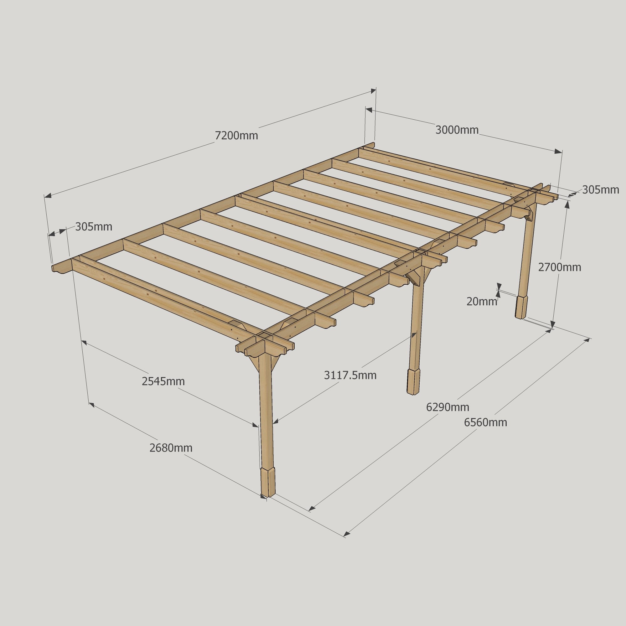 Wall Mounted Double Premium Pergola - Rustic Brown - 3m Depth x 7.2m Length