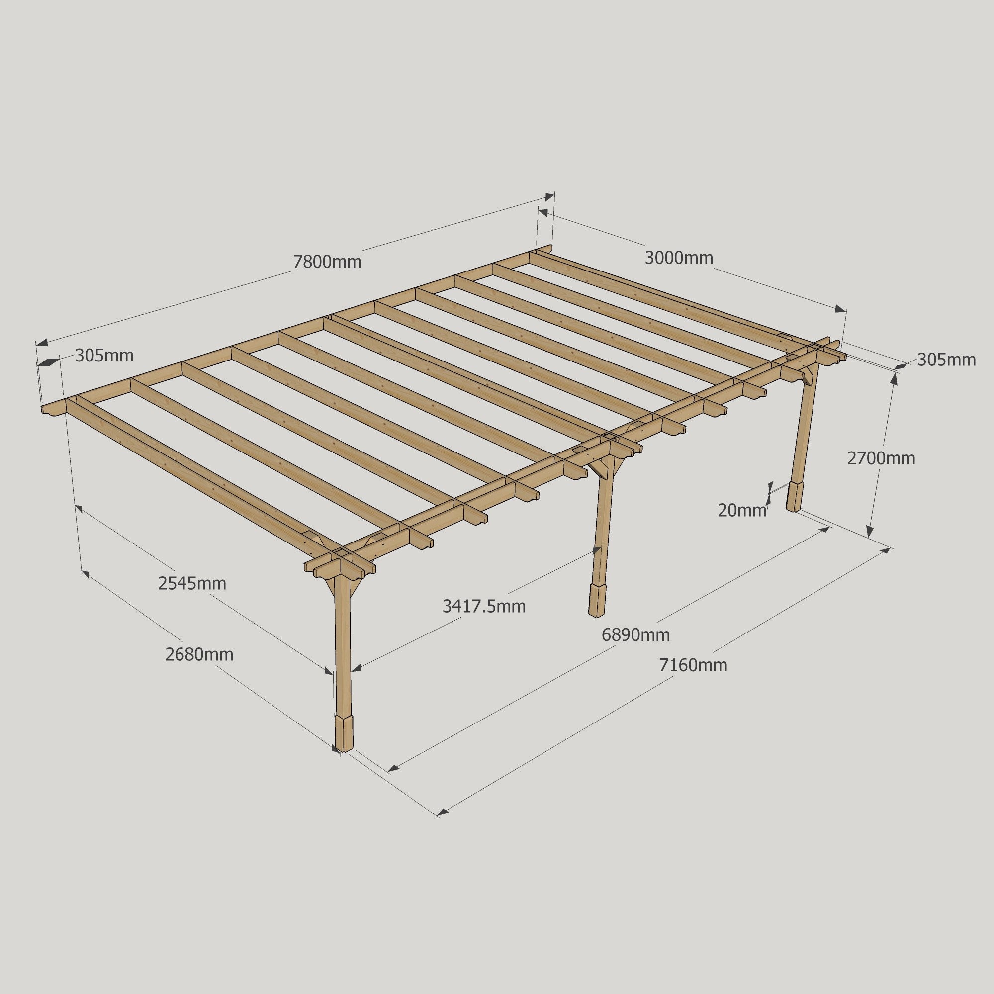 Wall Mounted Double Premium Pergola - Rustic Brown - 3m Depth x 7.8m Length