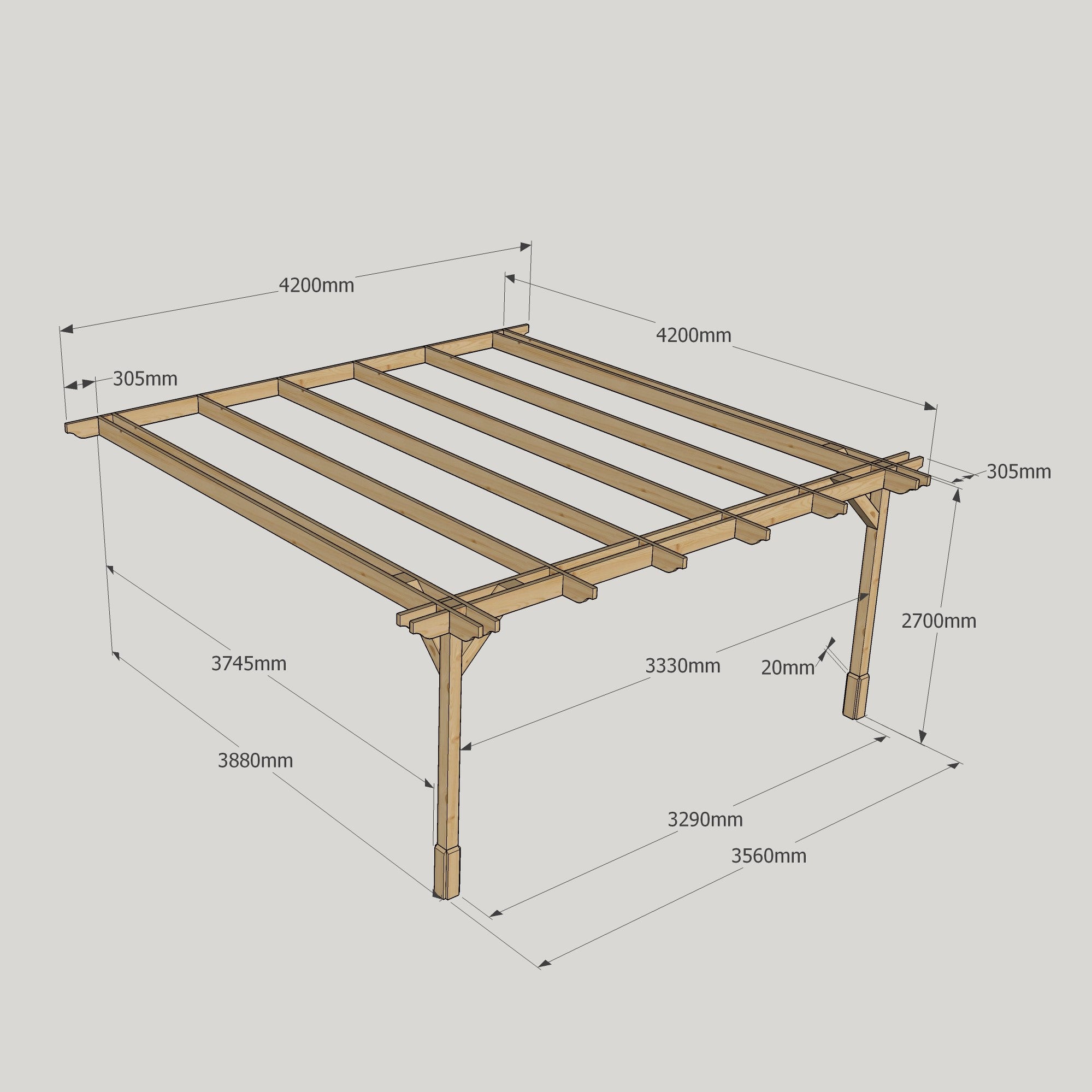 Wall Mounted Double Premium Pergola - Rustic Brown - 4.2m Depth x 4.2m Length