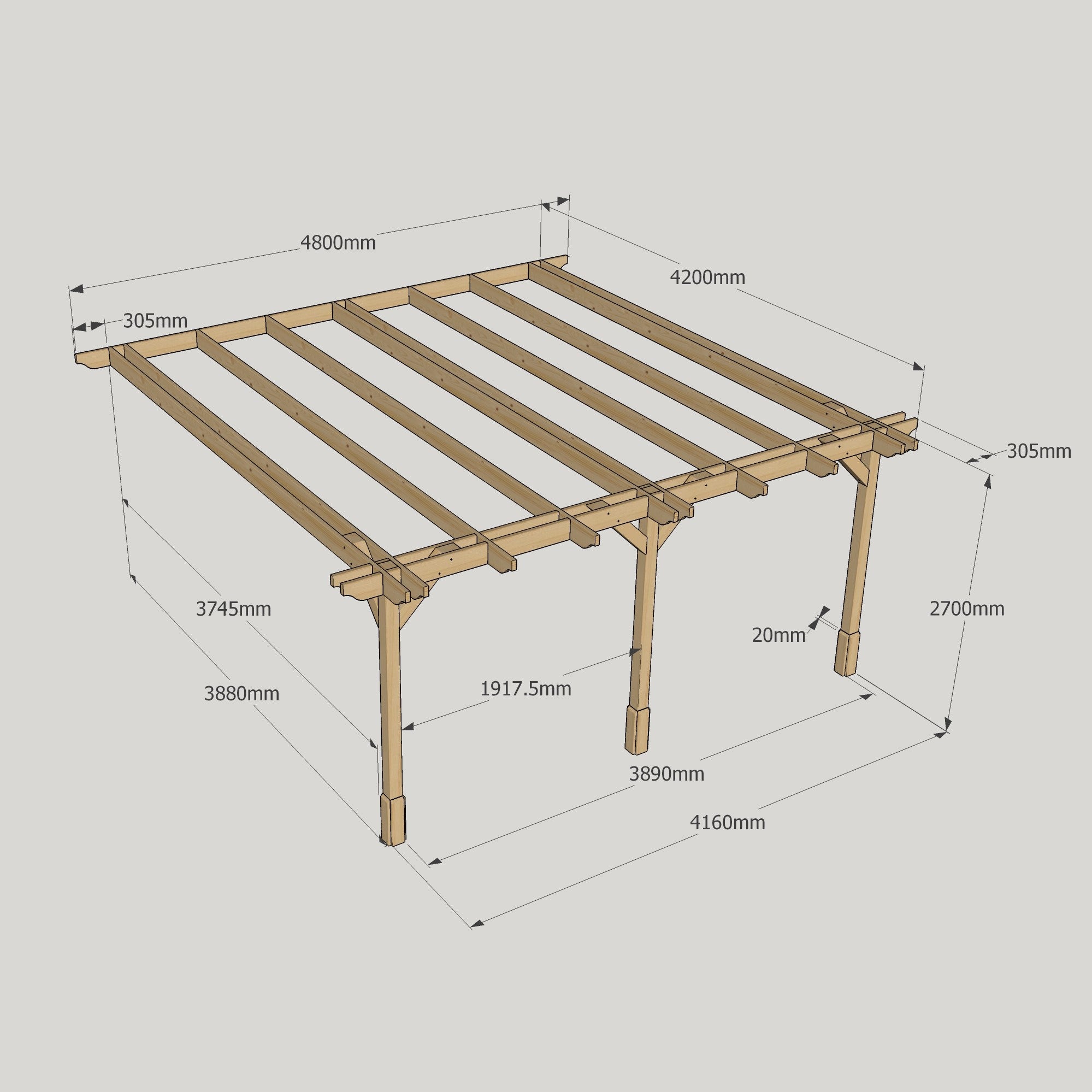 Wall Mounted Double Premium Pergola - Rustic Brown - 4.2m Depth x 4.8m Length