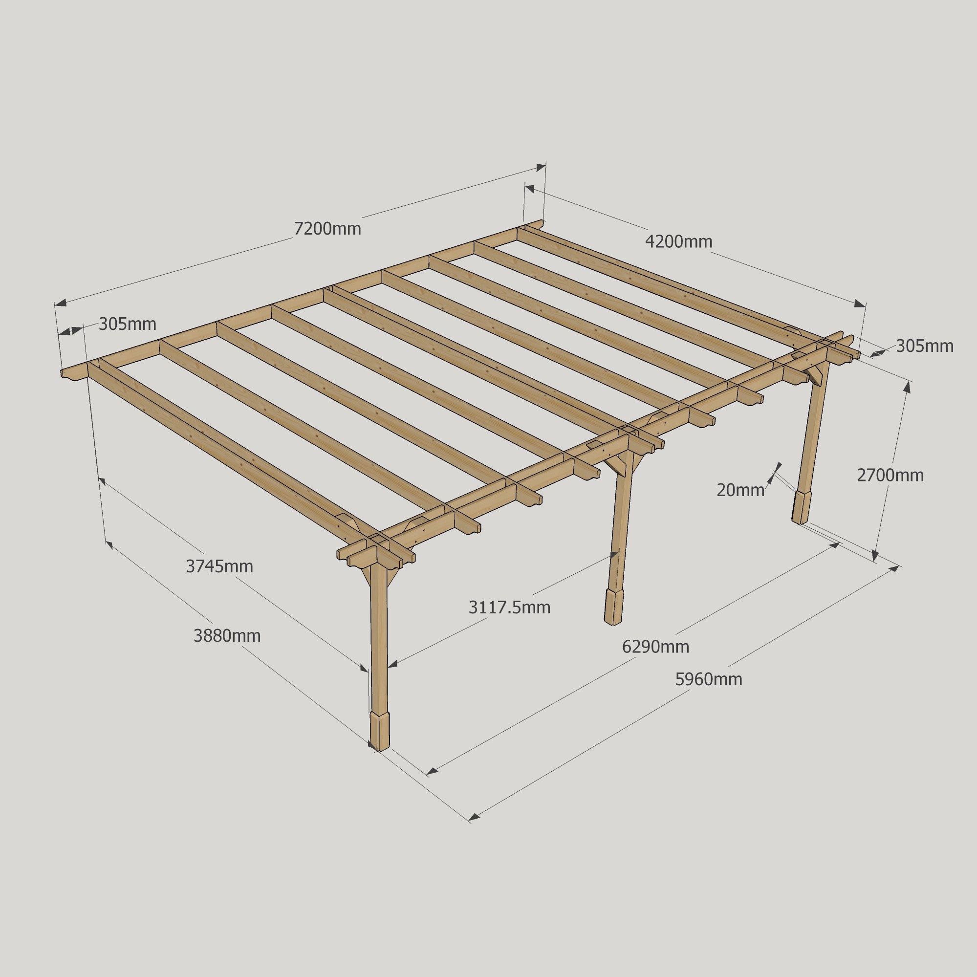 Wall Mounted Double Premium Pergola - Rustic Brown - 4.2m Depth x 7.2m Length