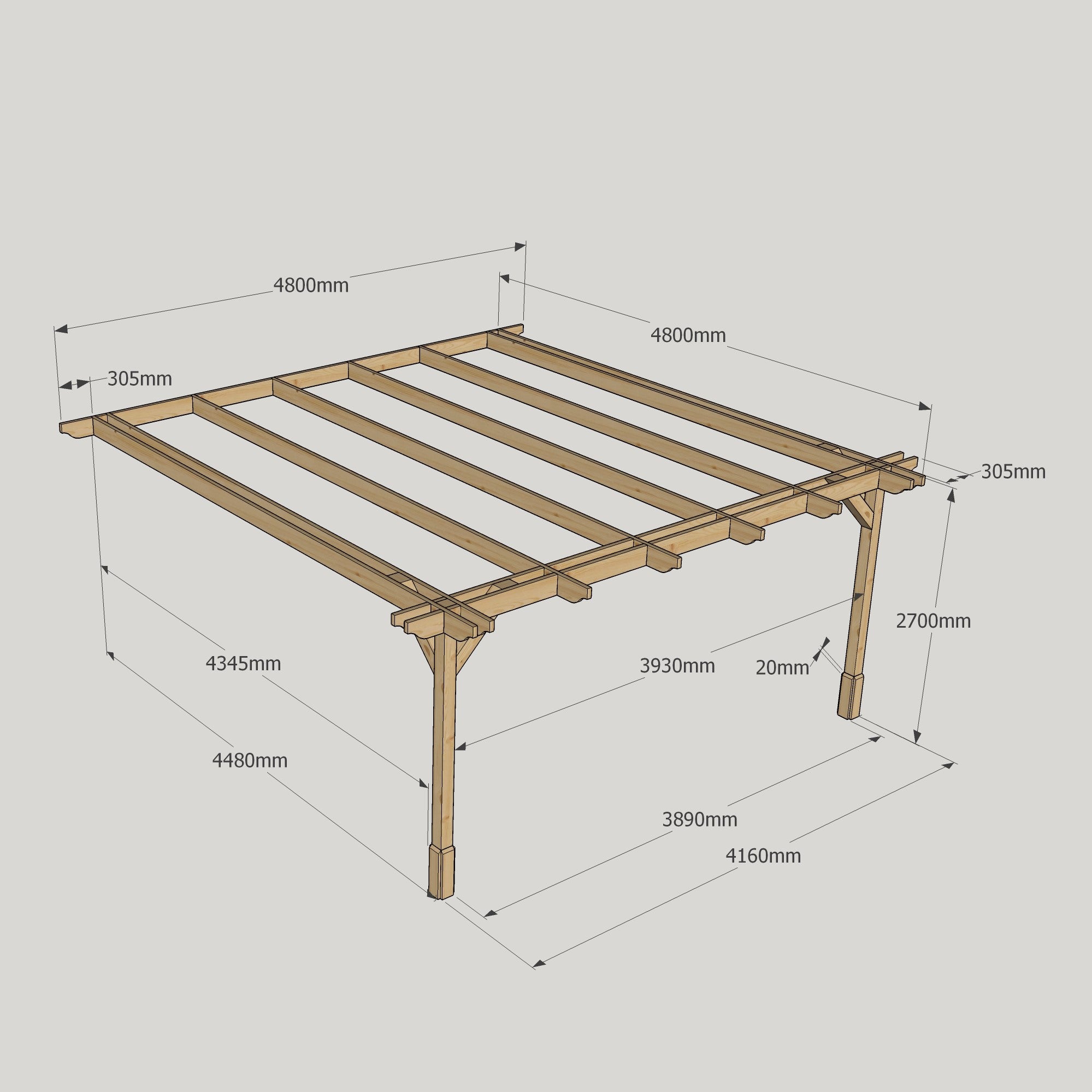Wall Mounted Double Premium Pergola - Rustic Brown - 4.8m Depth x 4.8m Length