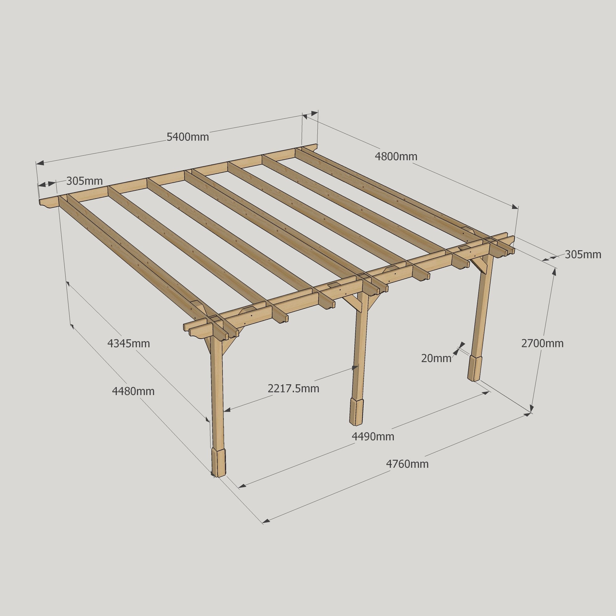 Wall Mounted Double Premium Pergola - Rustic Brown - 4.8m Depth x 5.4m Length