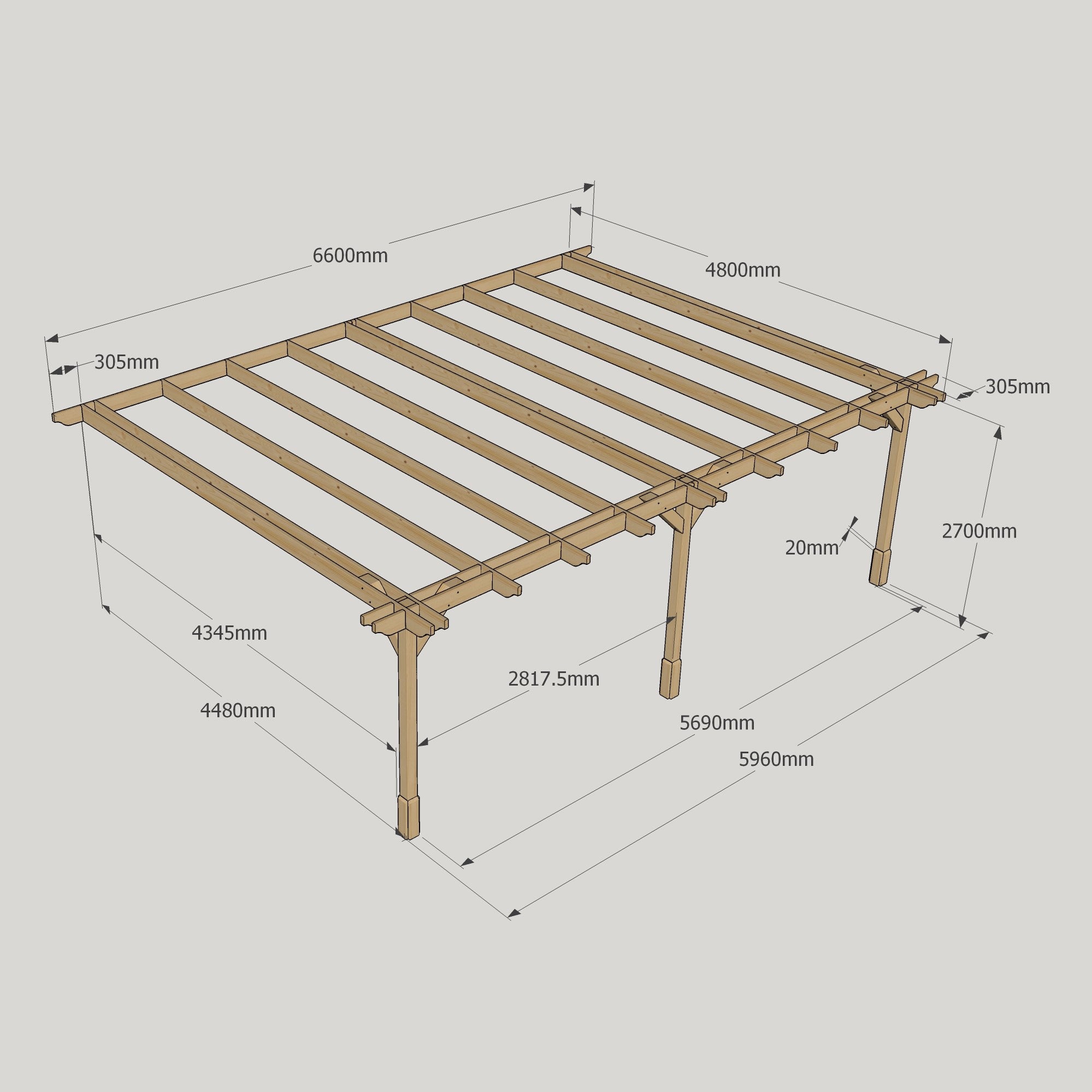 Wall Mounted Double Premium Pergola - Rustic Brown - 4.8m Depth x 6.6m Length
