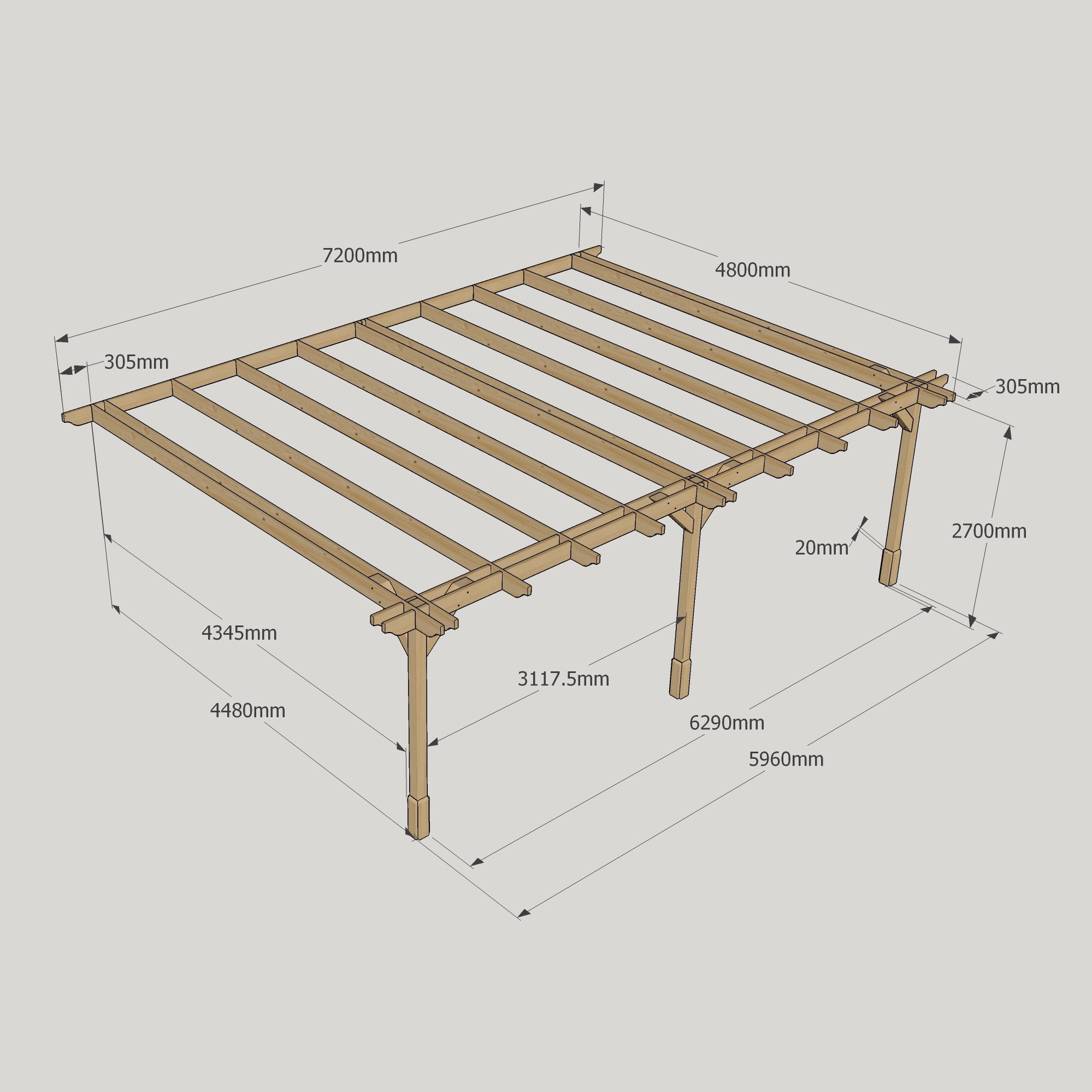 Wall Mounted Double Premium Pergola - Rustic Brown - 4.8m Depth x 7.2m Length