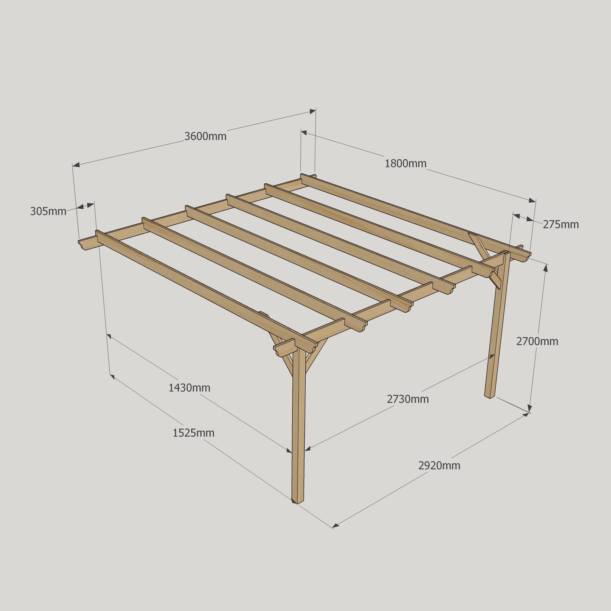 Wall Mounted Garden Pergola - Rustic Brown - 1.8m Depth x 3.6m Length