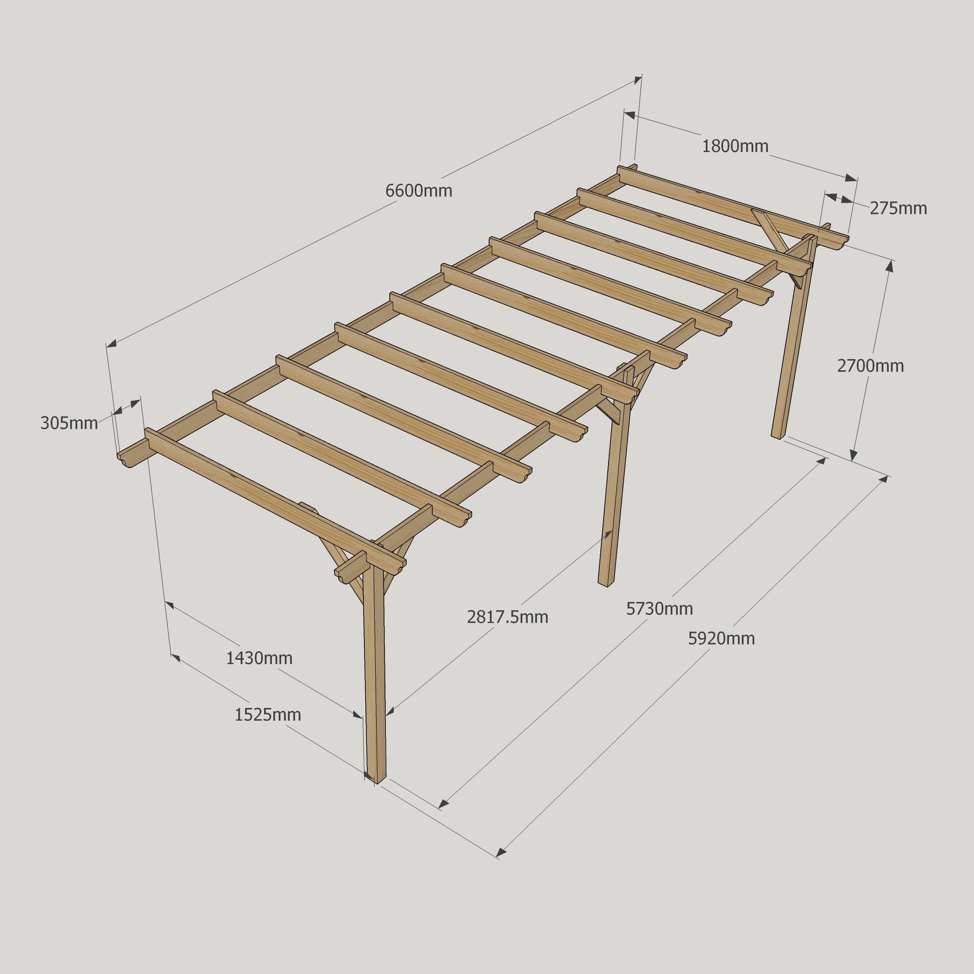 Wall Mounted Garden Pergola - Rustic Brown - 1.8m Depth x 6.6m Length