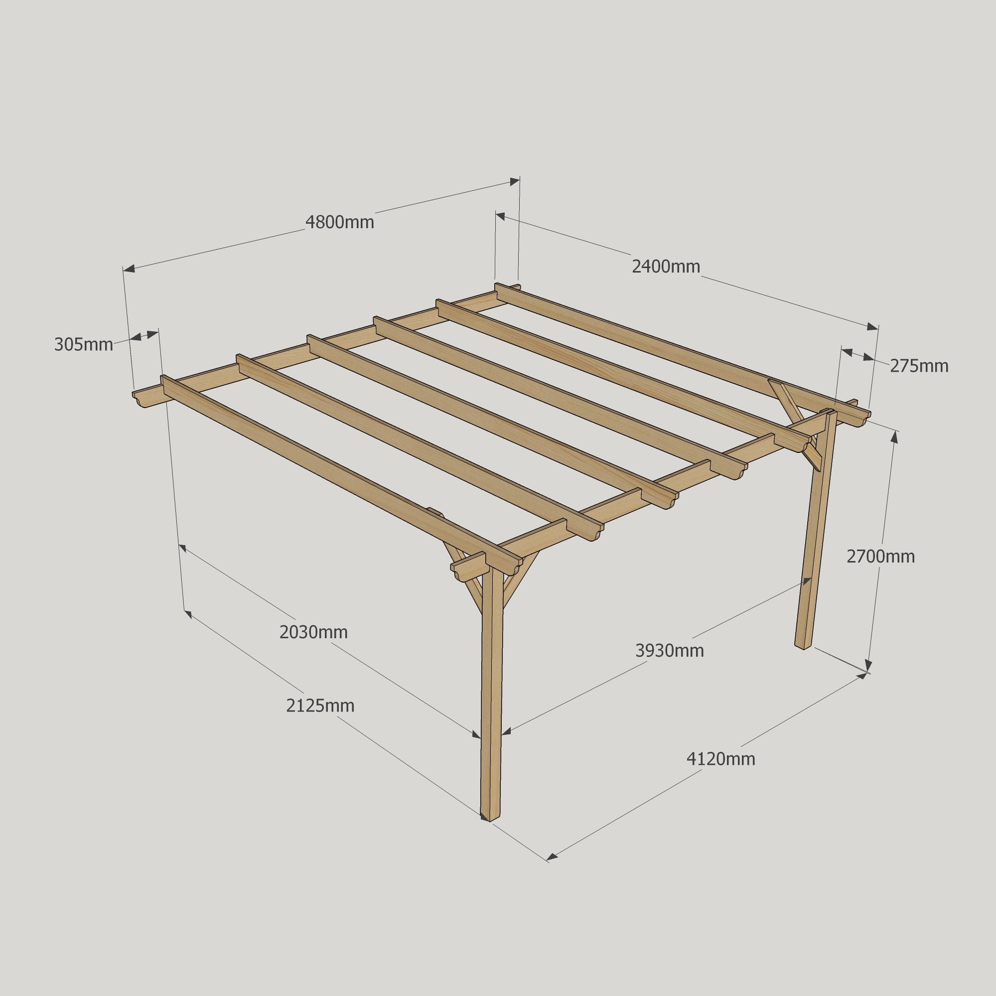 Wall Mounted Garden Pergola - Rustic Brown - 2.4m Depth x 4.8m Length