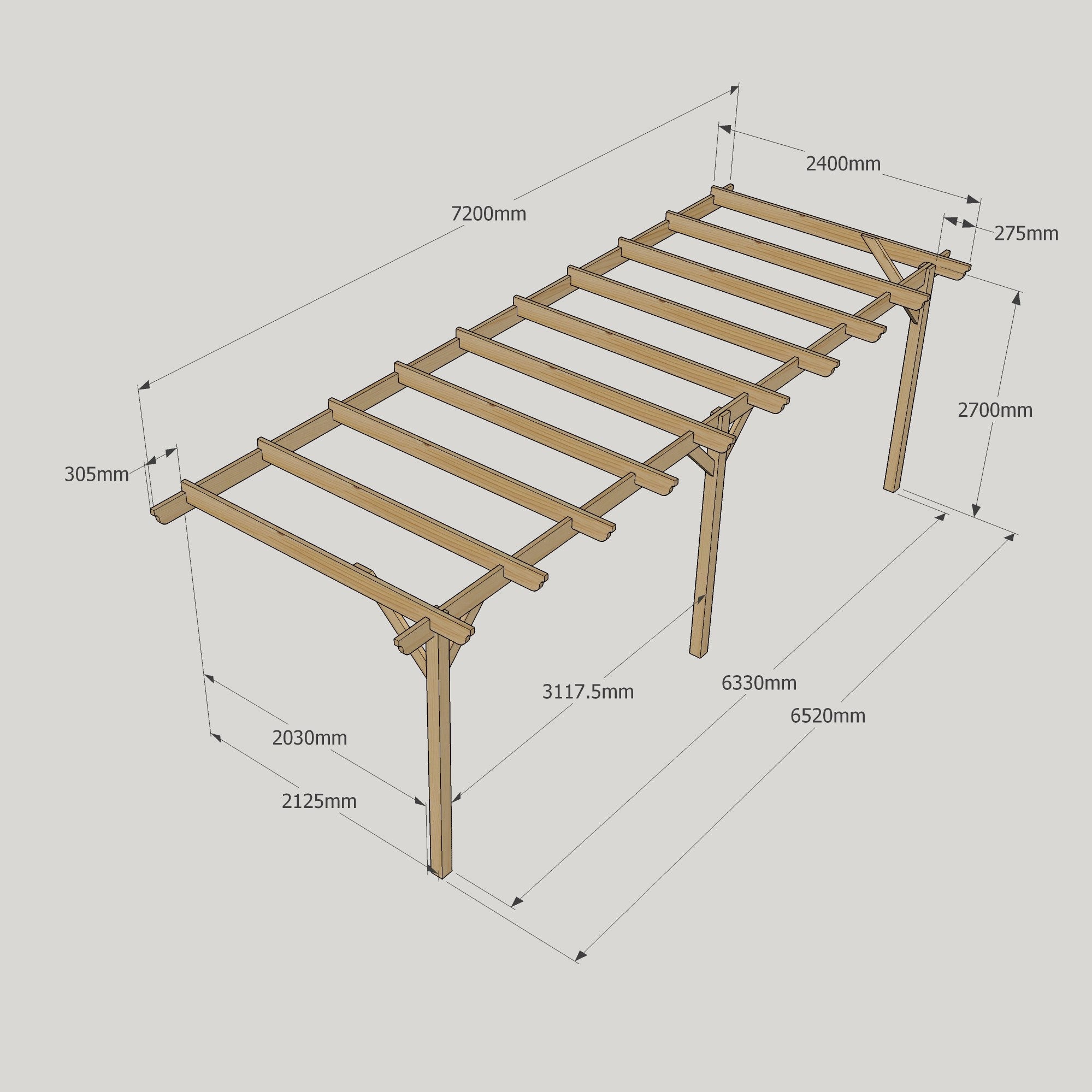 Wall Mounted Garden Pergola - Rustic Brown - 2.4m Depth x 7.2m Length