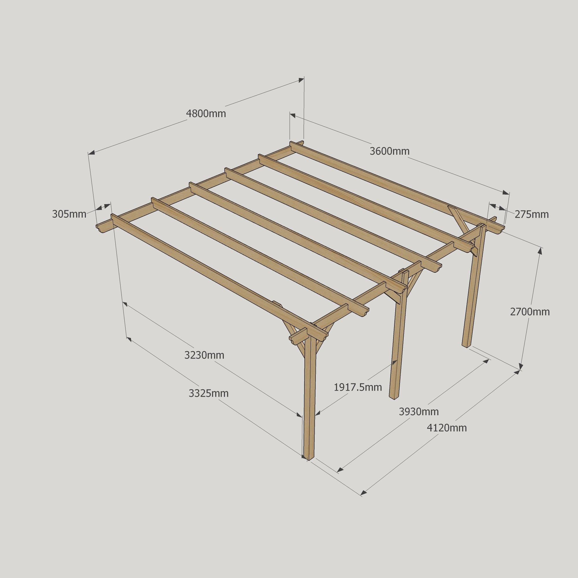 Wall Mounted Garden Pergola - Rustic Brown - 3.6m Depth x 4.8m Length