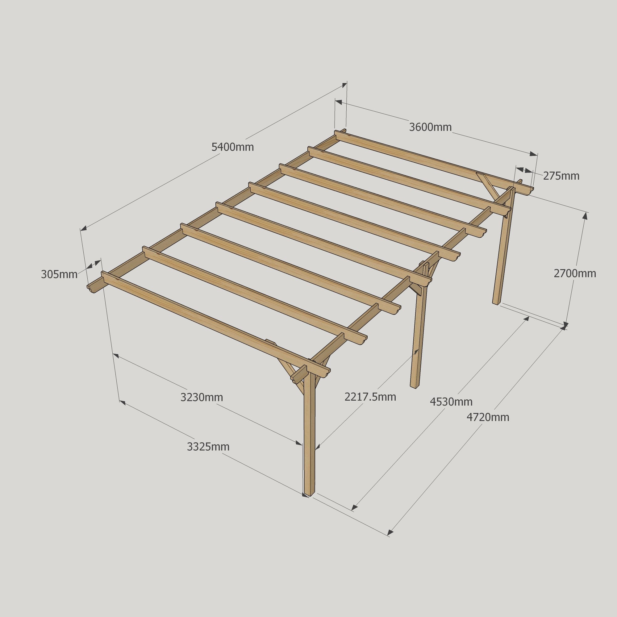 Wall Mounted Garden Pergola - Rustic Brown - 3.6m Depth x 5.4m Length