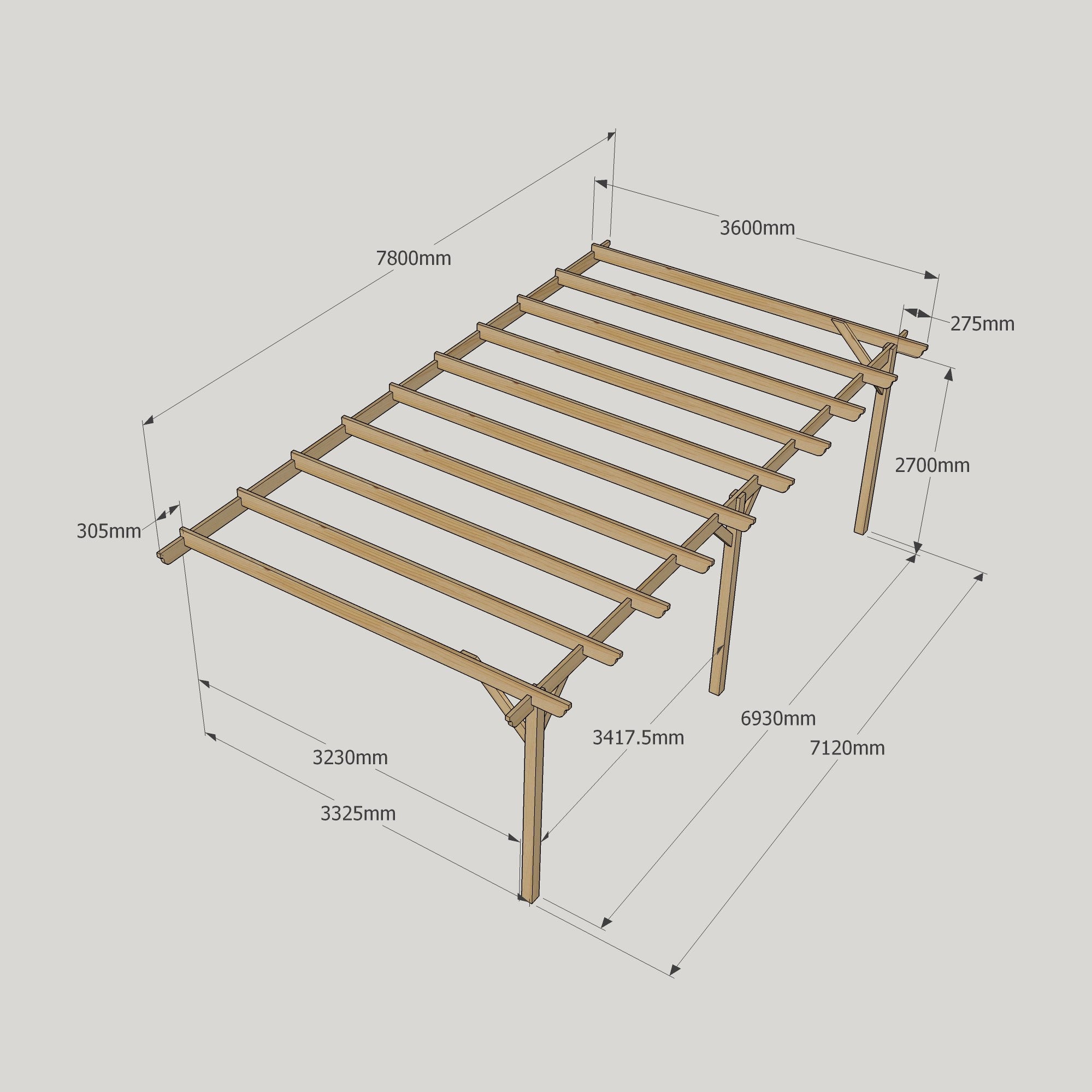 Wall Mounted Garden Pergola - Rustic Brown - 3.6m Depth x 7.8m Length