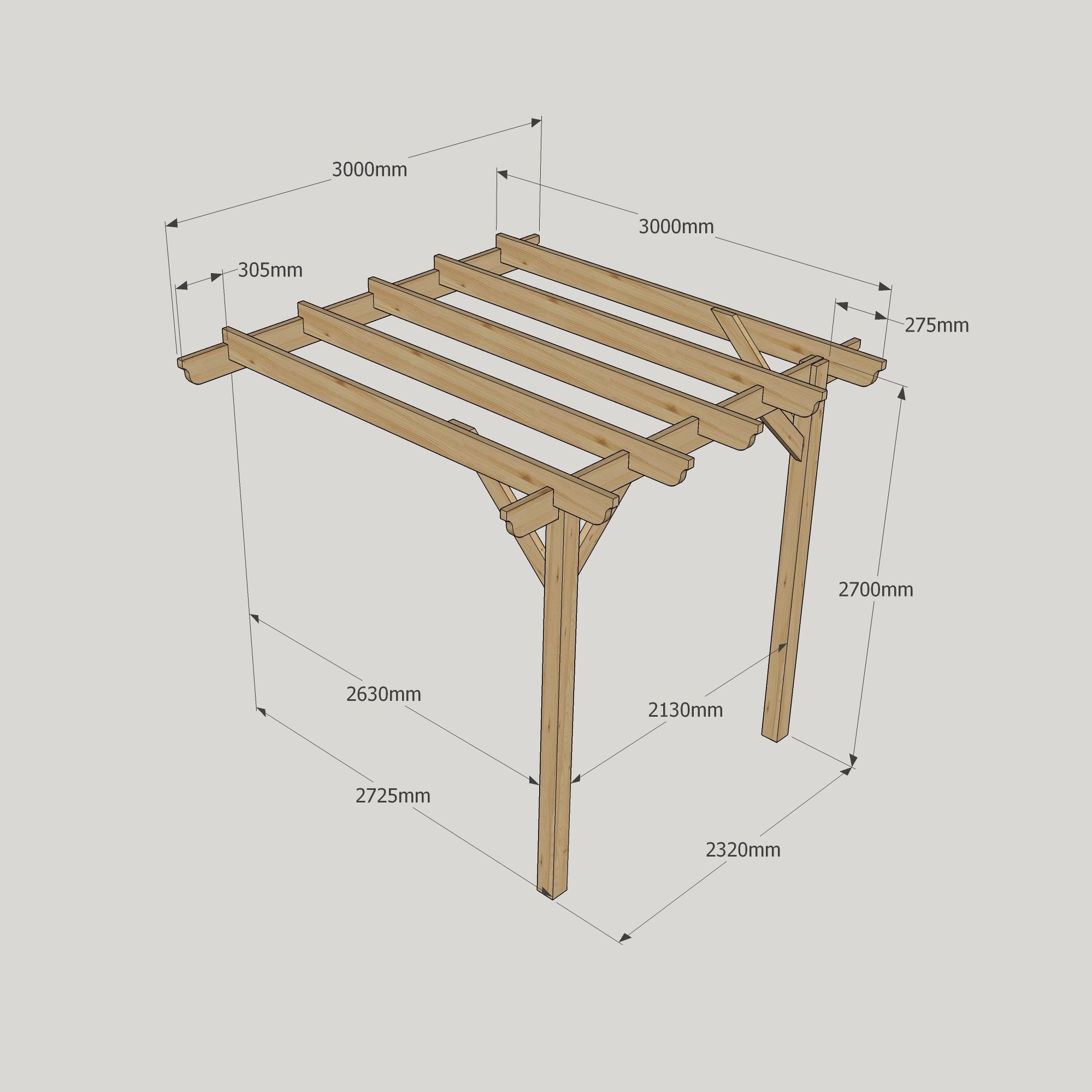 Wall Mounted Garden Pergola - Rustic Brown - 3m Depth x 3m Length