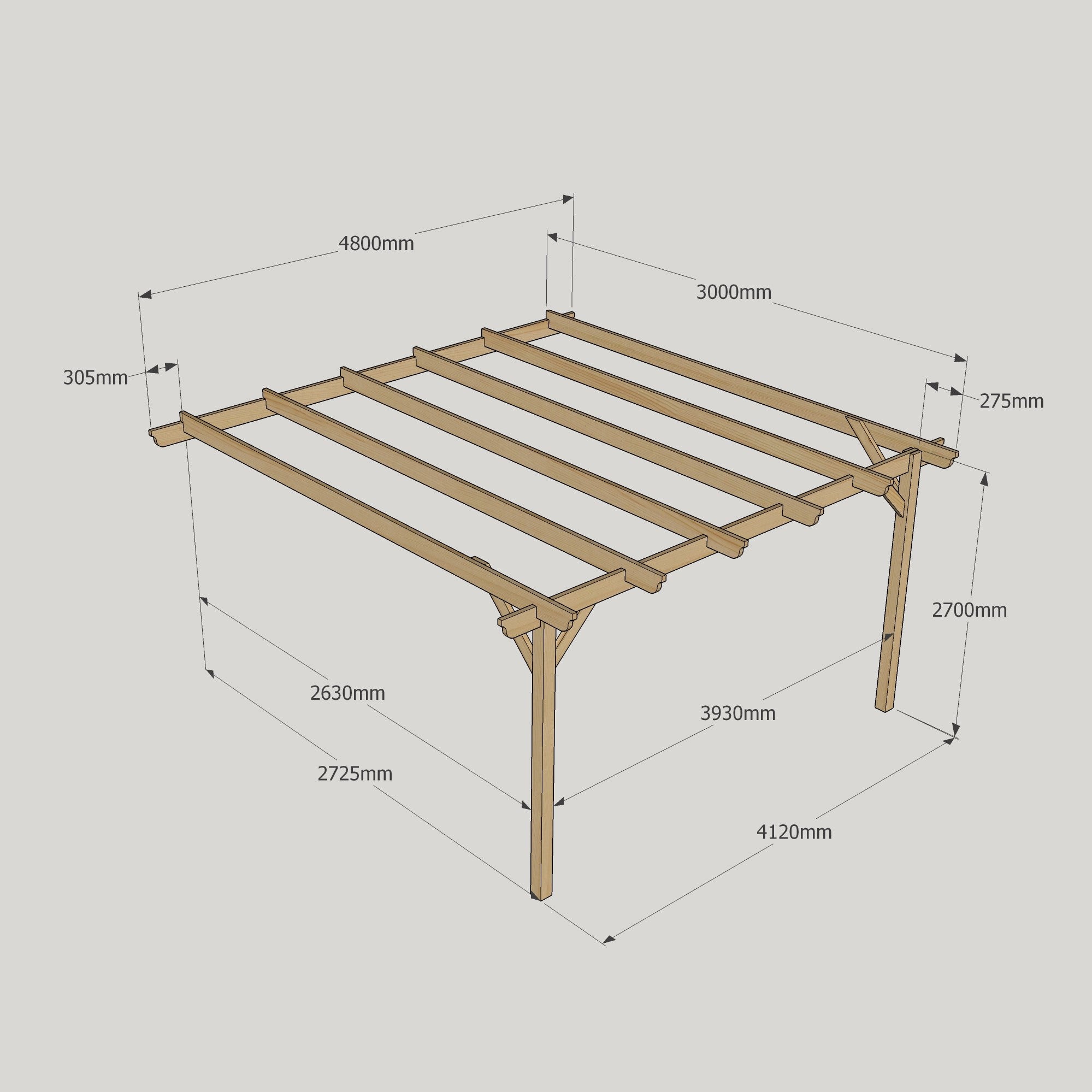Wall Mounted Garden Pergola - Rustic Brown - 3m Depth x 4.8m Length