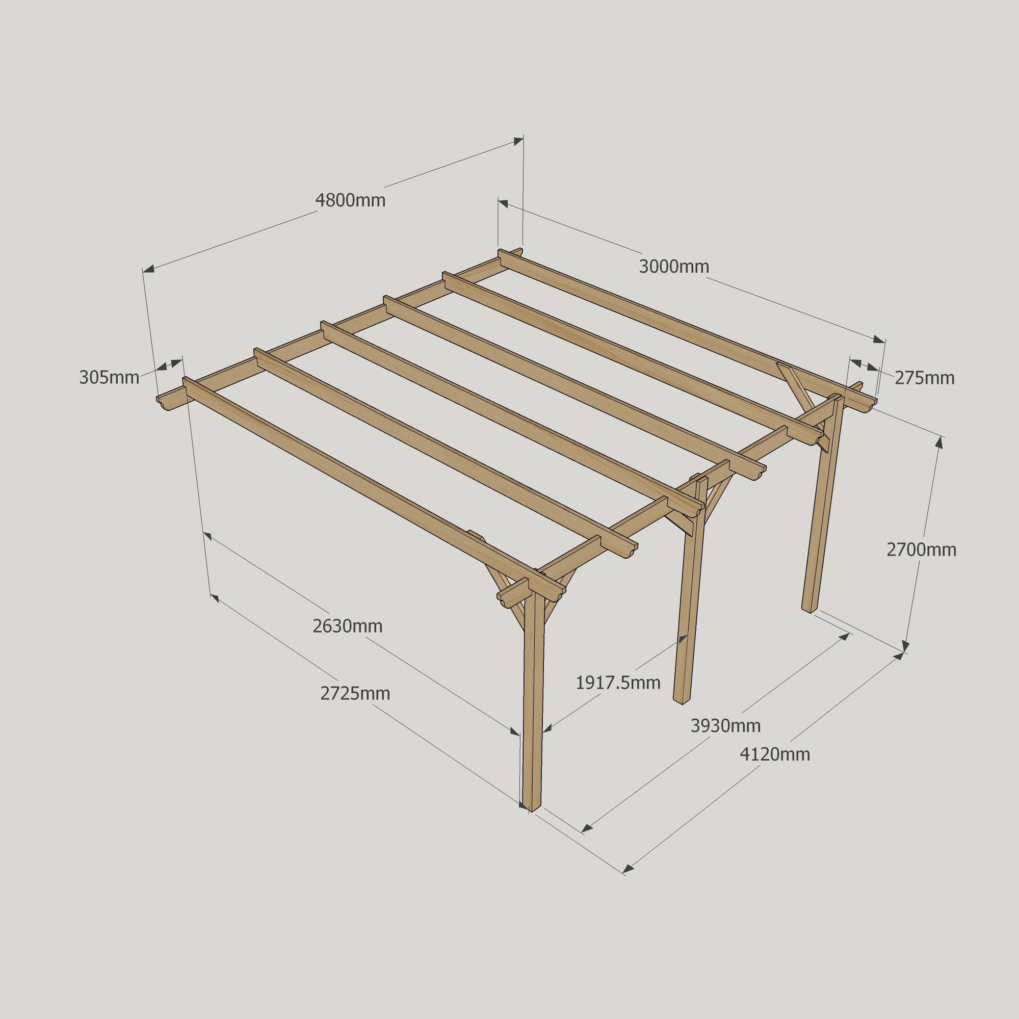 Wall Mounted Garden Pergola - Rustic Brown - 3m Depth x 4.8m Length
