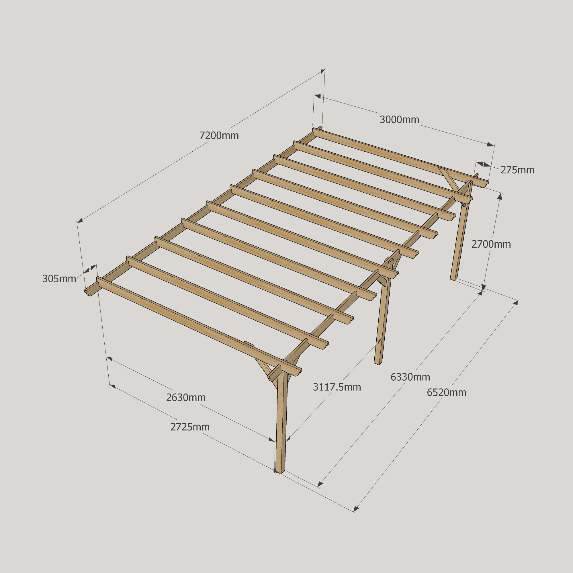 Wall Mounted Garden Pergola - Rustic Brown - 3m Depth x 7.2m Length