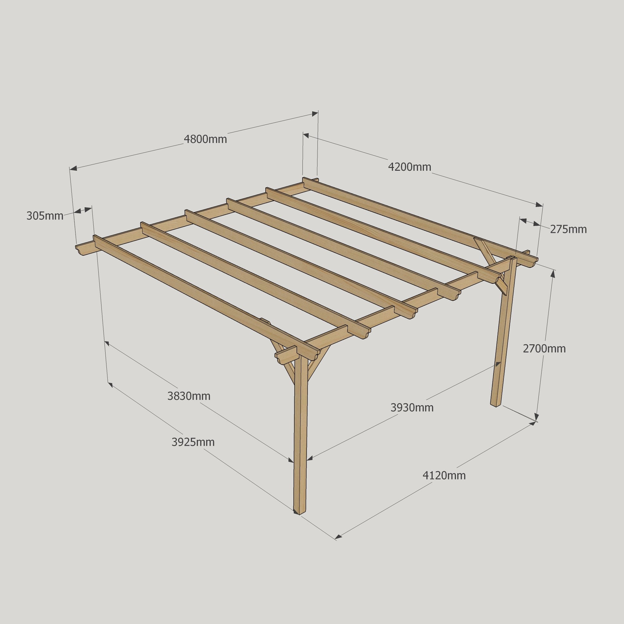 Wall Mounted Garden Pergola - Rustic Brown - 4.2m Depth x 4.8m Length