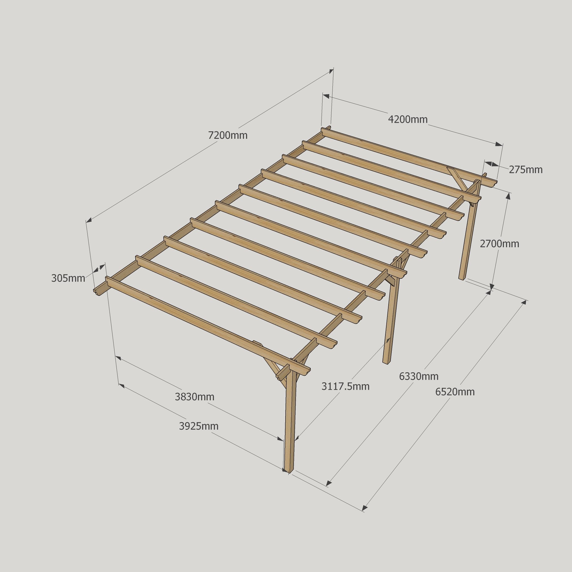 Wall Mounted Garden Pergola - Rustic Brown - 4.2m Depth x 7.2m Length