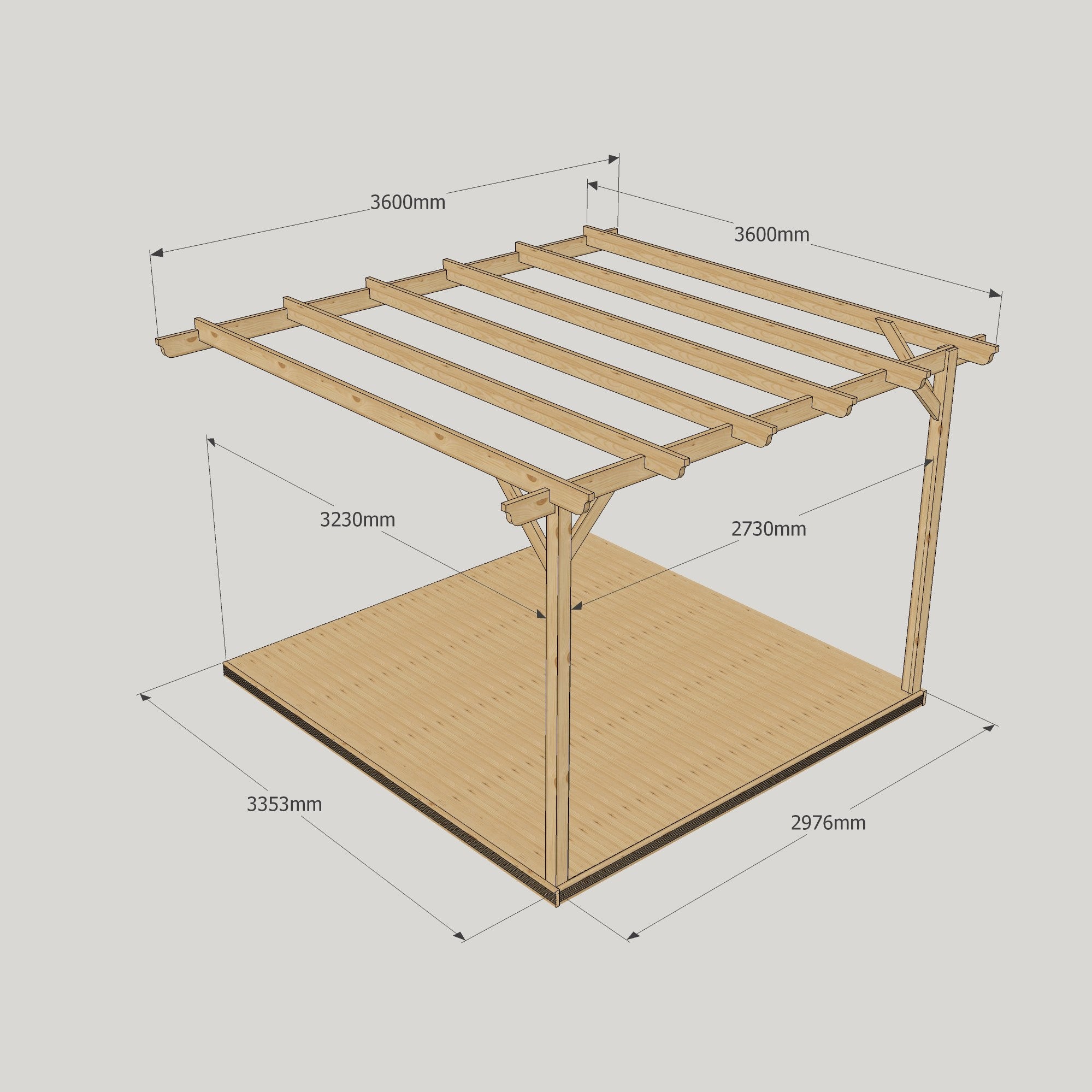 Wall Mounted Garden Pergola with Decking - Rustic Brown - 3.6m Depth x 3.6m Length