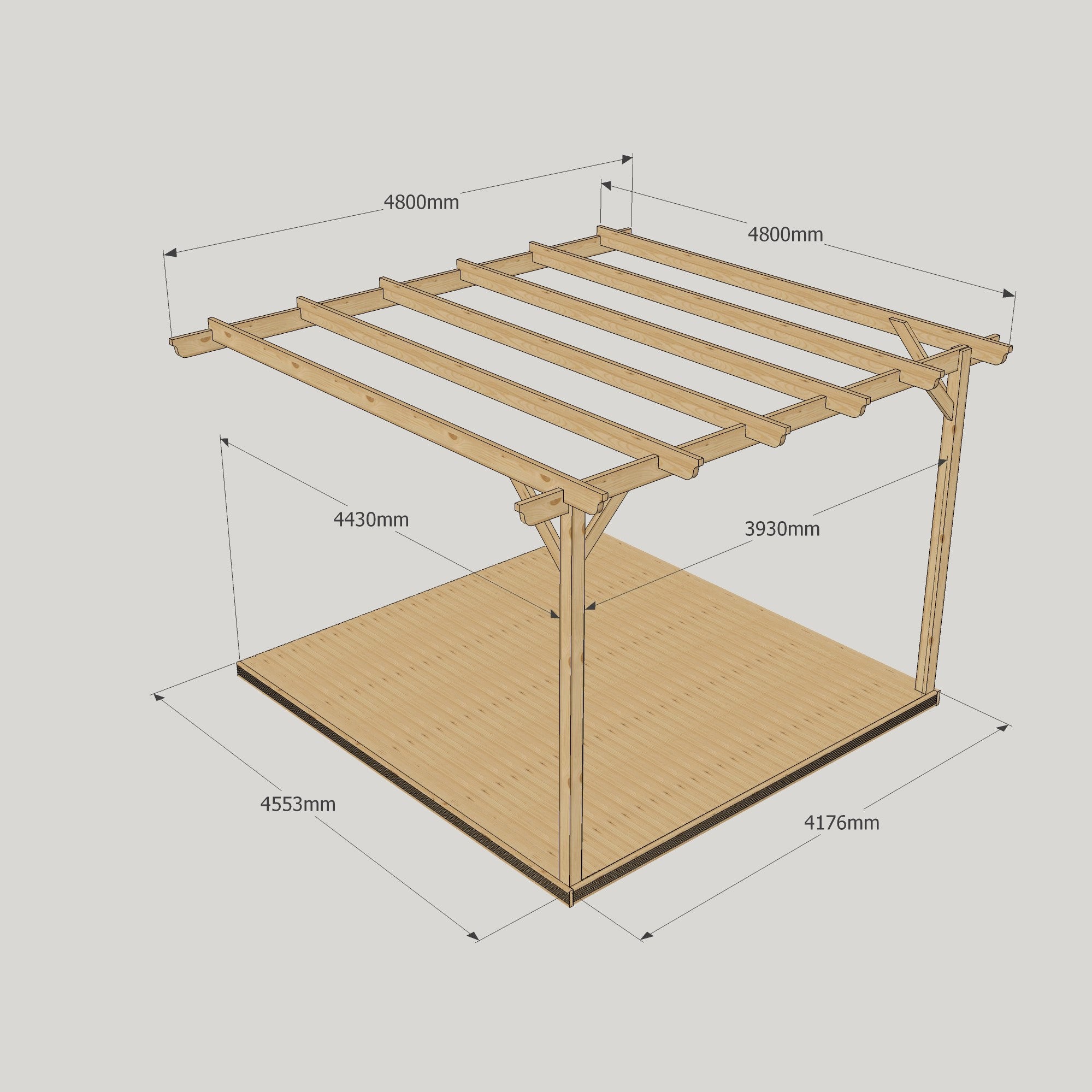 Wall Mounted Garden Pergola with Decking - Rustic Brown - 4.8m Depth x 4.8m Length