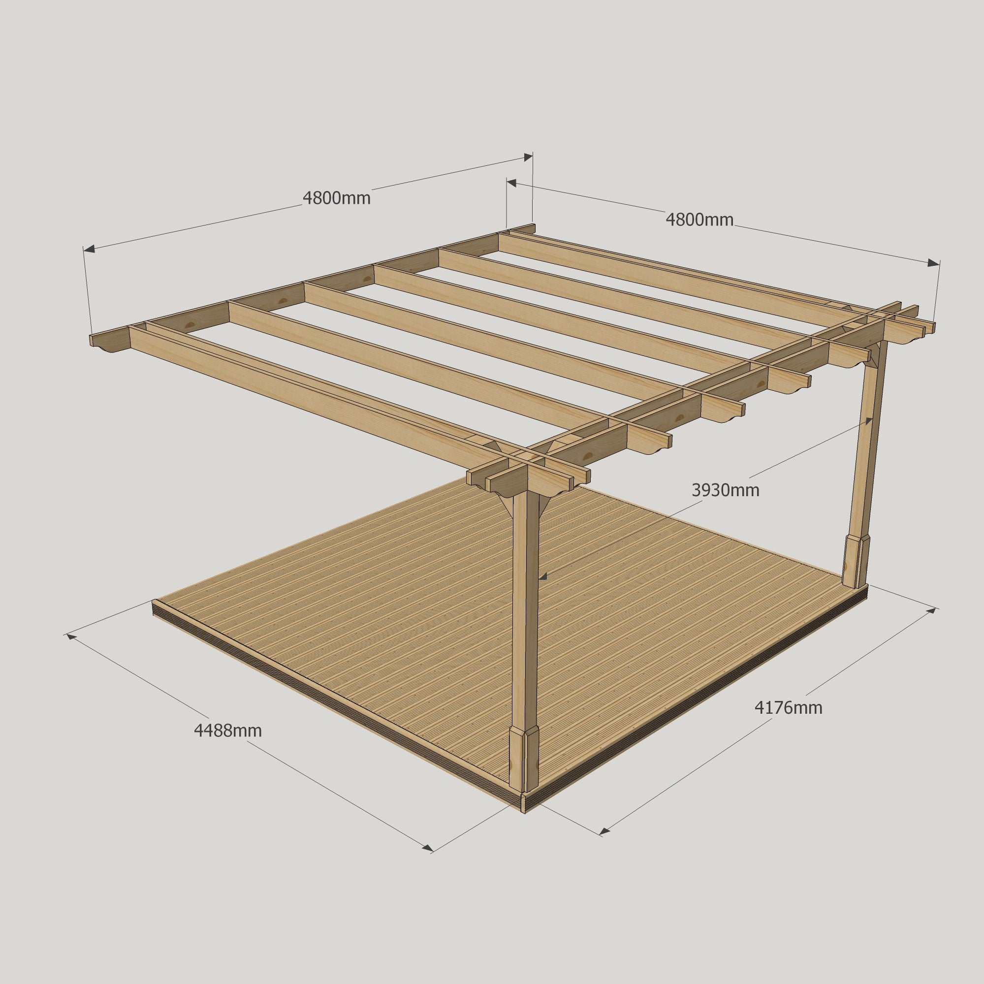 Wall Mounted Double Premium Pergola with Decking - Light Green - 4.8m Depth x 4.8m Length