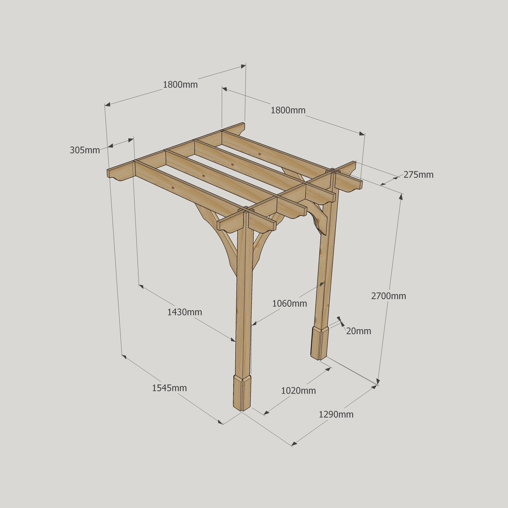 Wall Mounted Premium Pergola - Rustic Brown - 1.8m Depth x 1.8m Length
