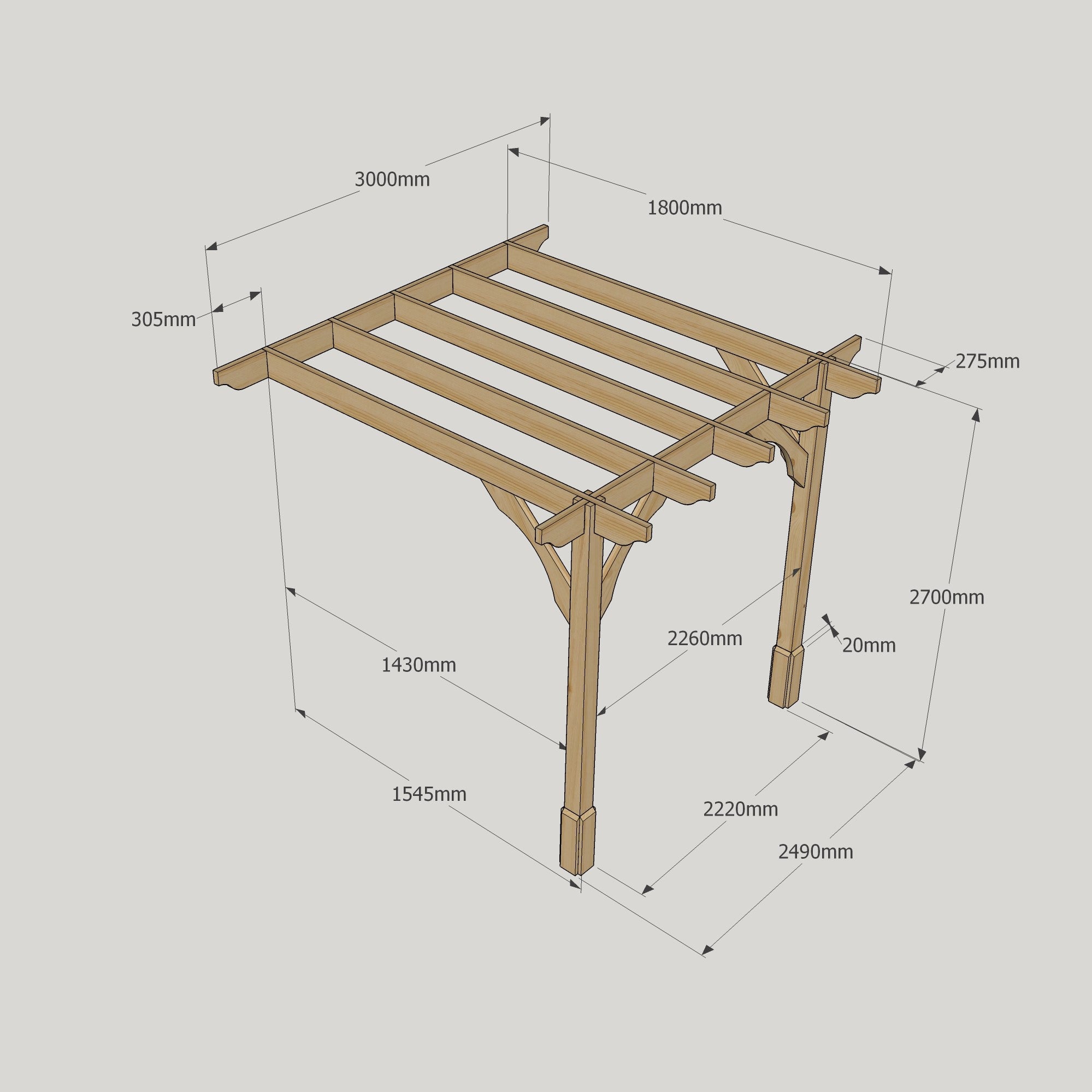 Wall Mounted Premium Pergola - Rustic Brown - 1.8m Depth x 3m Length