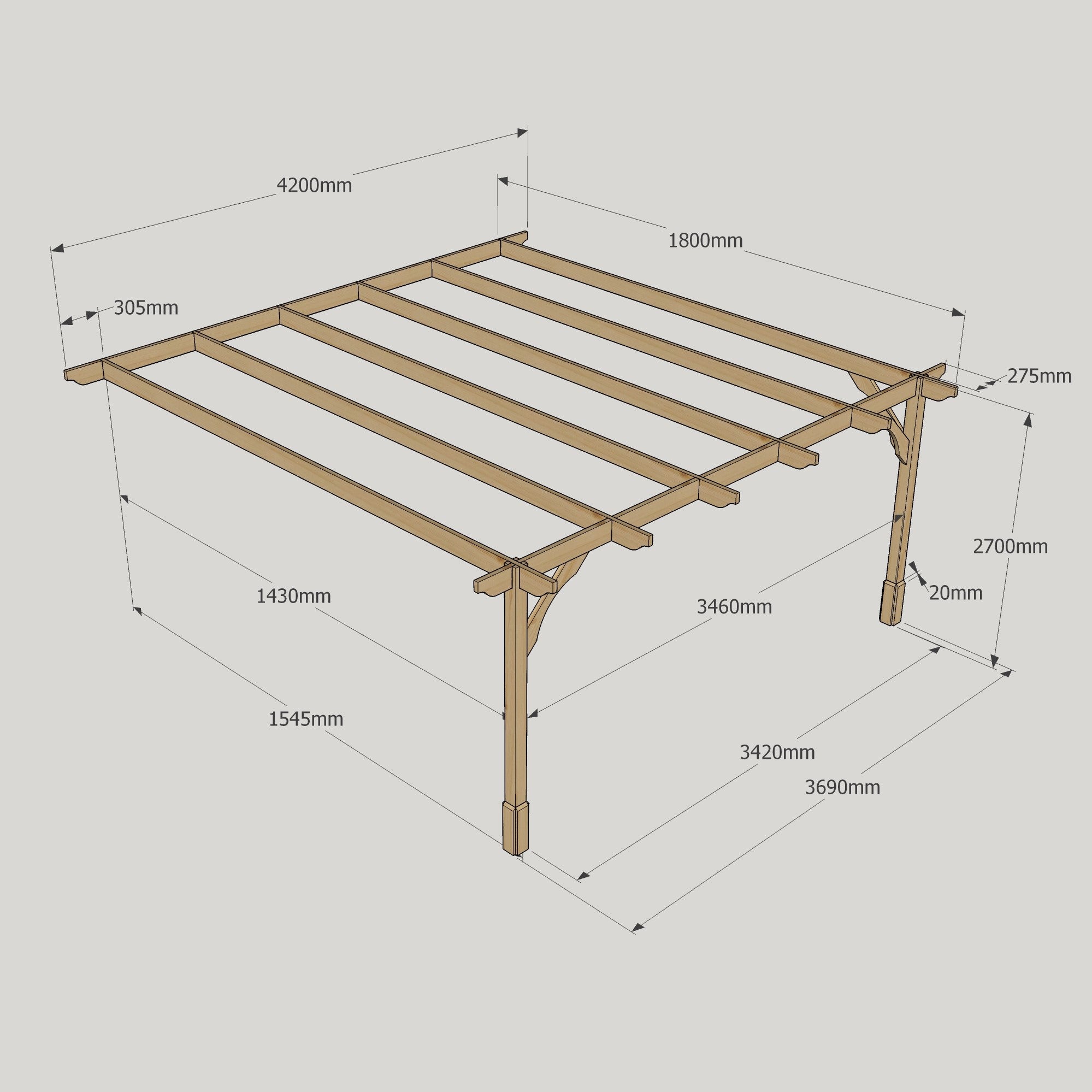Wall Mounted Premium Pergola - Rustic Brown - 1.8m Depth x 4.2m Length