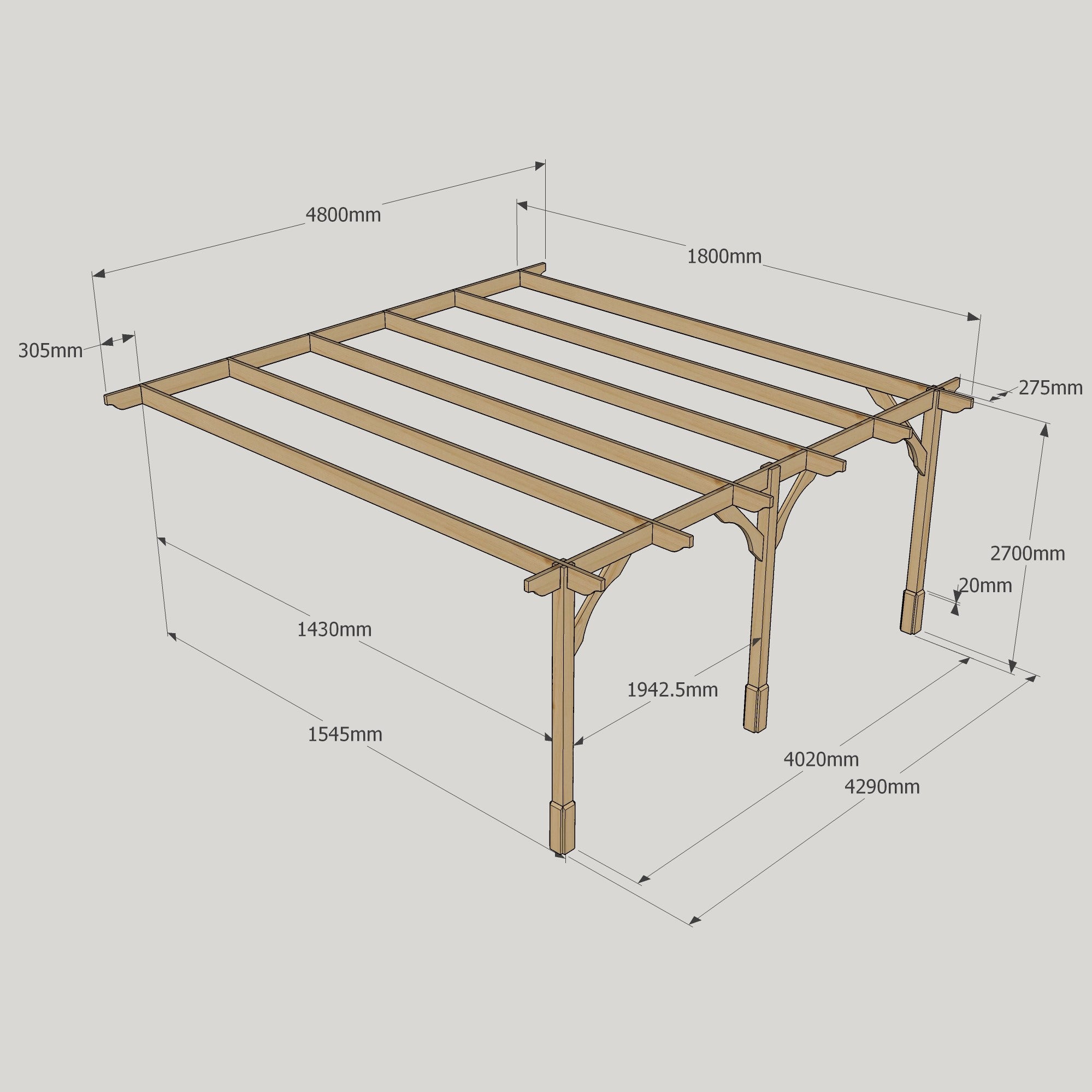 Wall Mounted Premium Pergola - Rustic Brown - 1.8m Depth x 4.8m Length