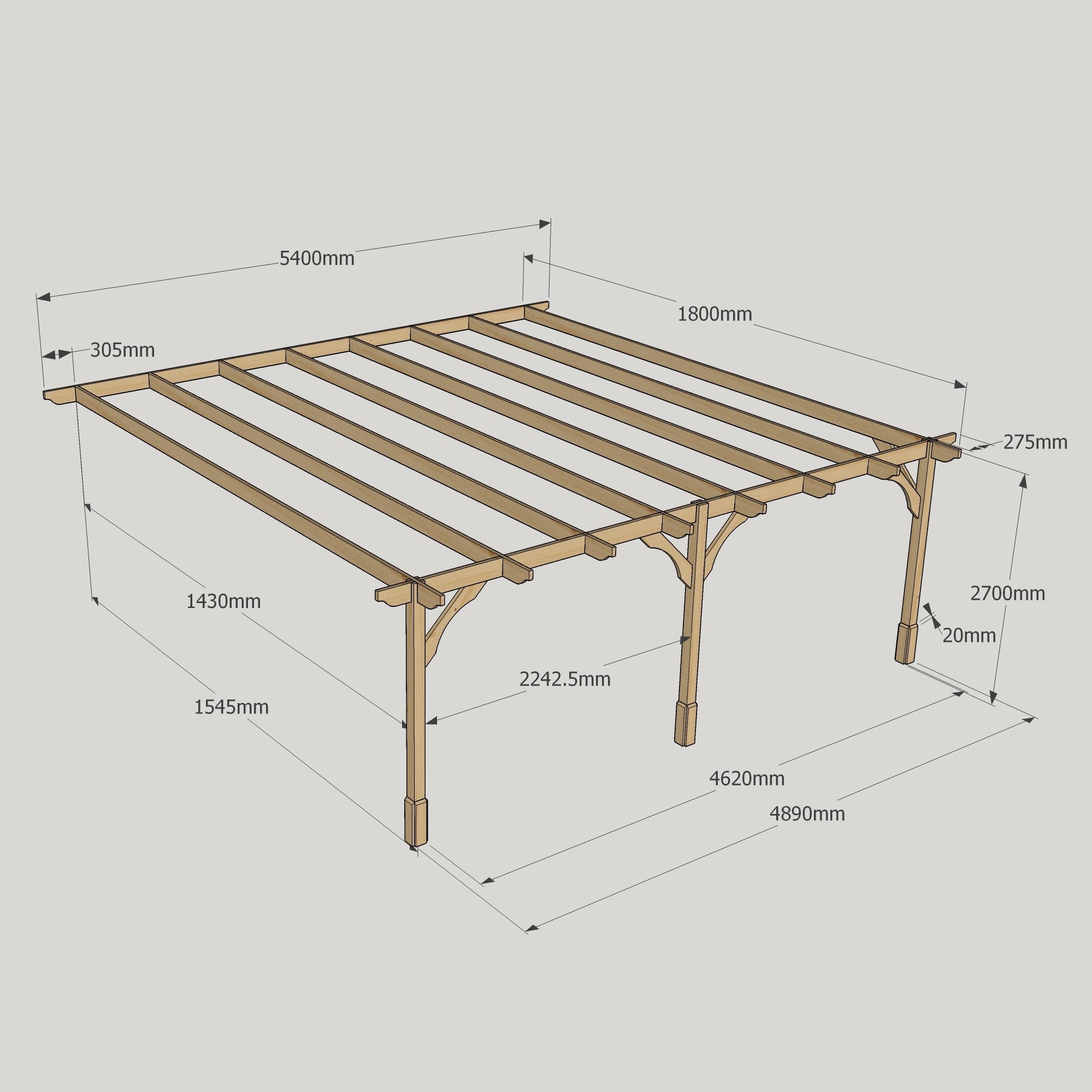 Wall Mounted Premium Pergola - Rustic Brown - 1.8m Depth x 5.4m Length
