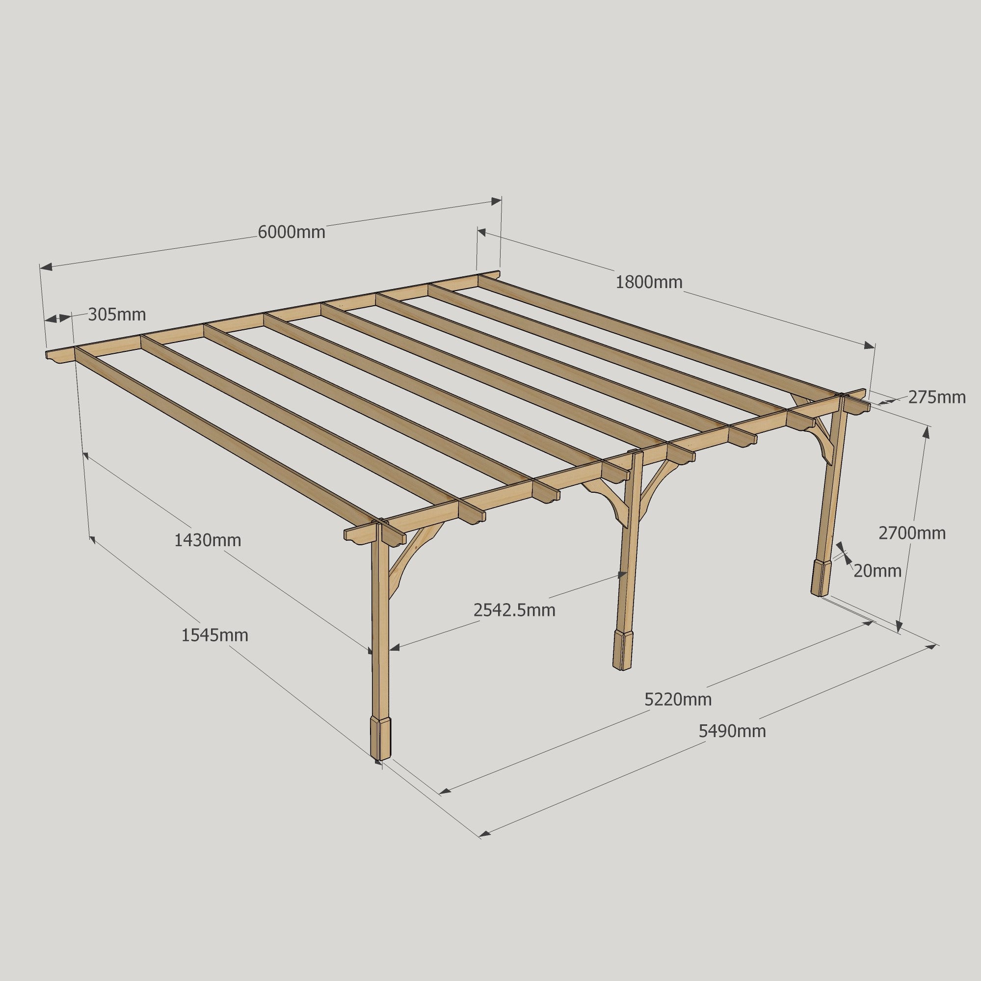 Wall Mounted Premium Pergola - Rustic Brown - 1.8m Depth x 6m Length