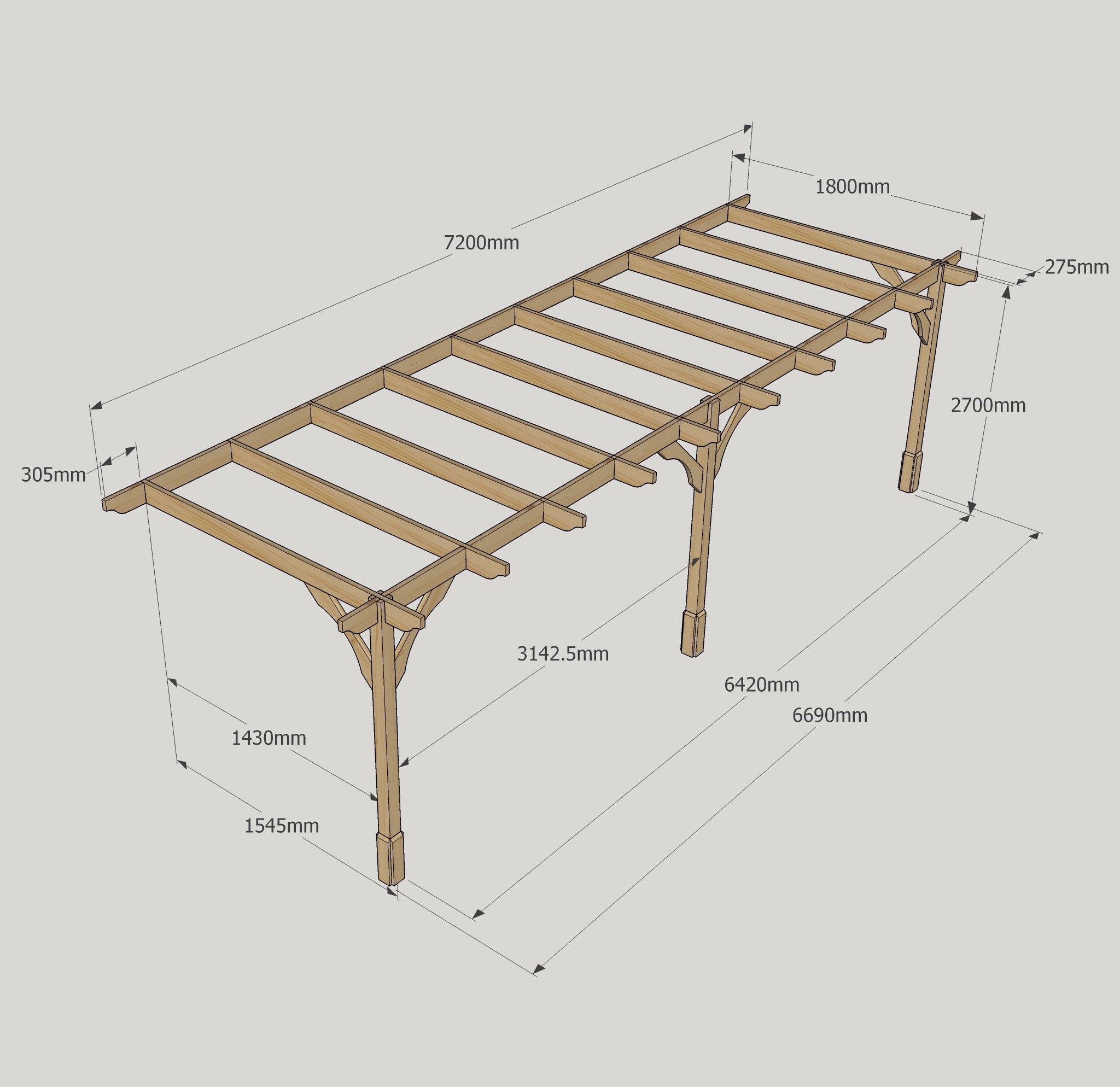 Wall Mounted Premium Pergola - Rustic Brown - 1.8m Depth x 7.2m Length