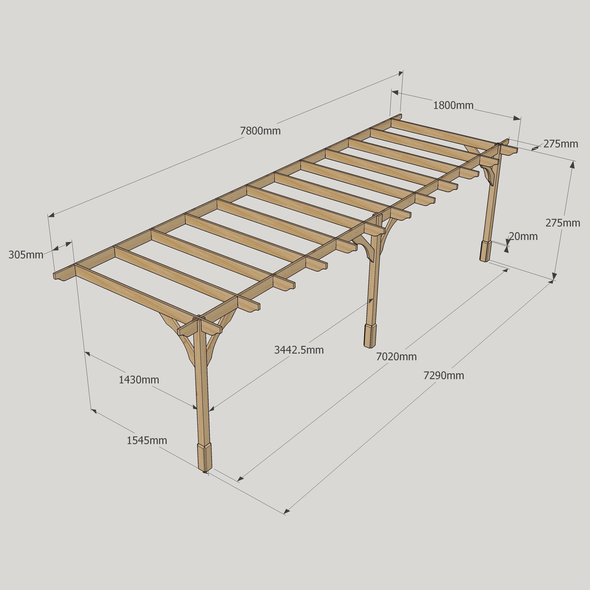 Wall Mounted Premium Pergola - Rustic Brown - 1.8m Depth x 7.8m Length
