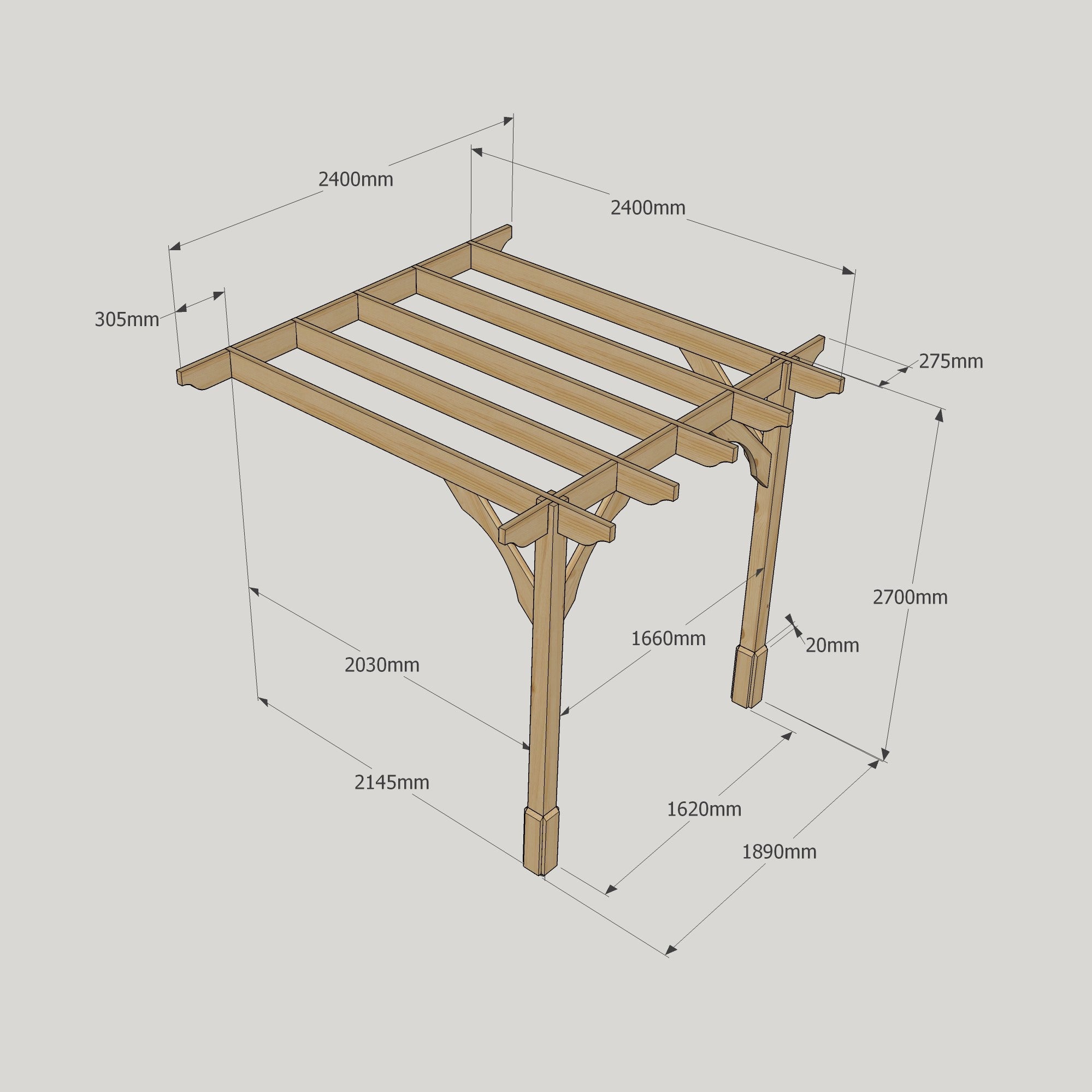 Wall Mounted Premium Pergola - Rustic Brown - 2.4m Depth x 2.4m Length